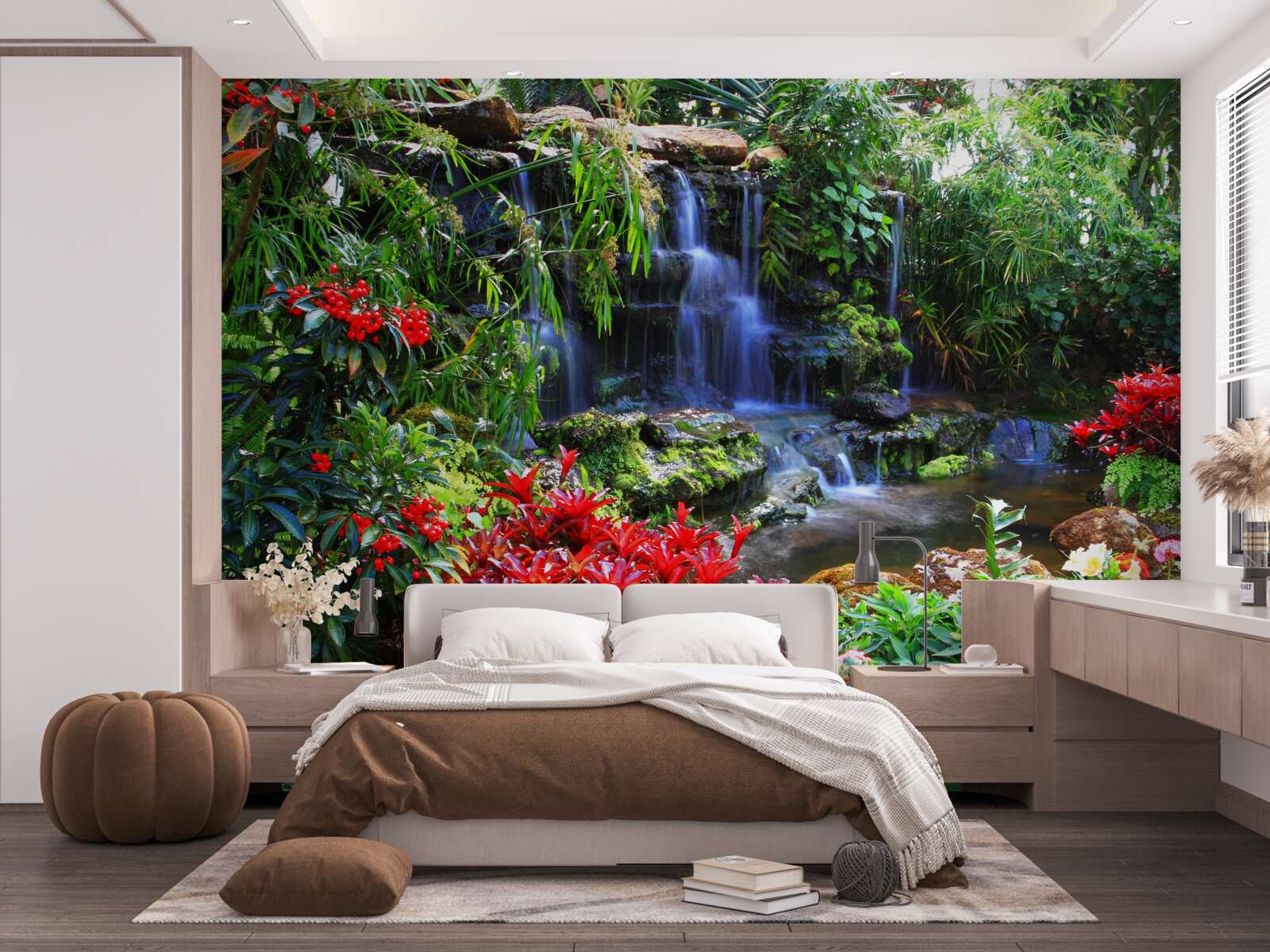 Fotobehang een magische plek bij een waterval, omringd door bloemen