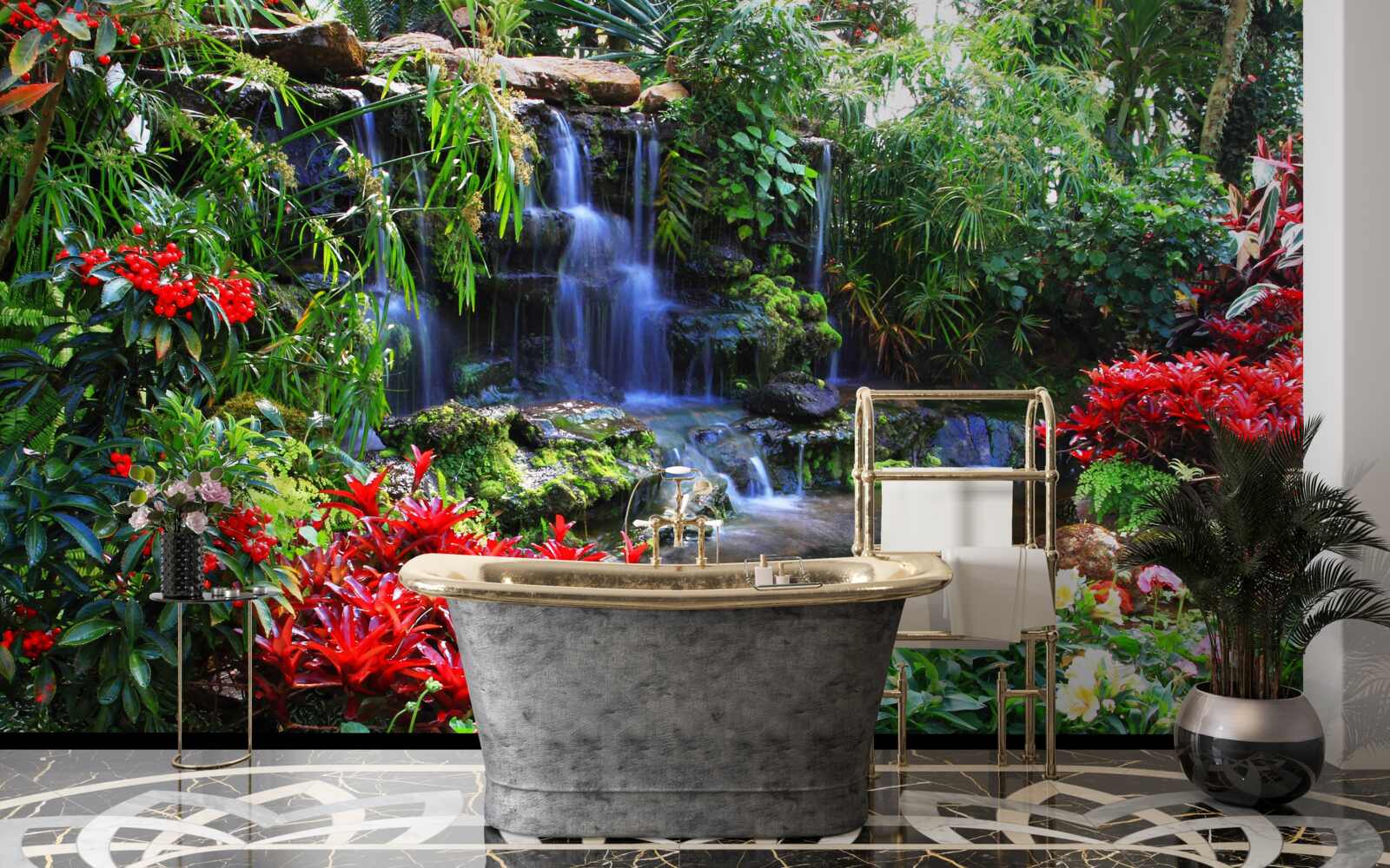 Fotobehang een magische plek bij een waterval, omringd door bloemen