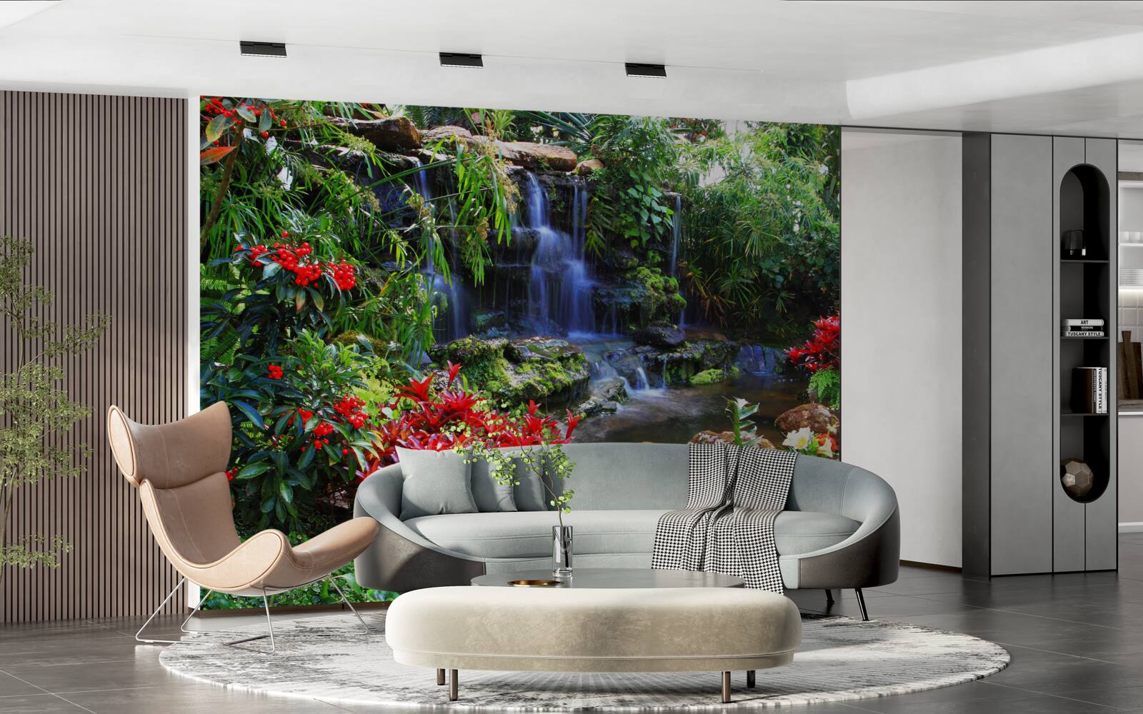 Fotobehang een magische plek bij een waterval, omringd door bloemen