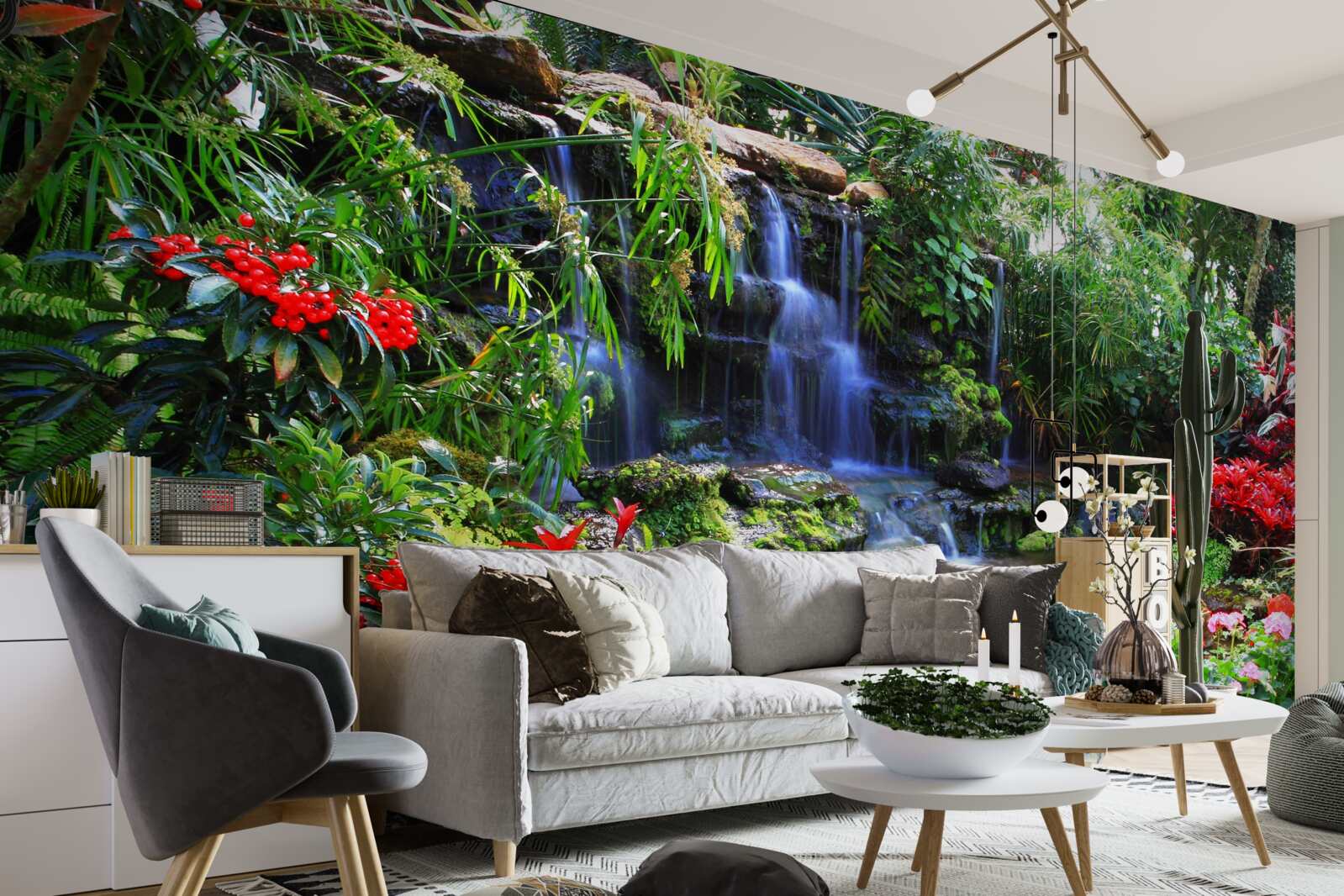 Fotobehang een magische plek bij een waterval, omringd door bloemen