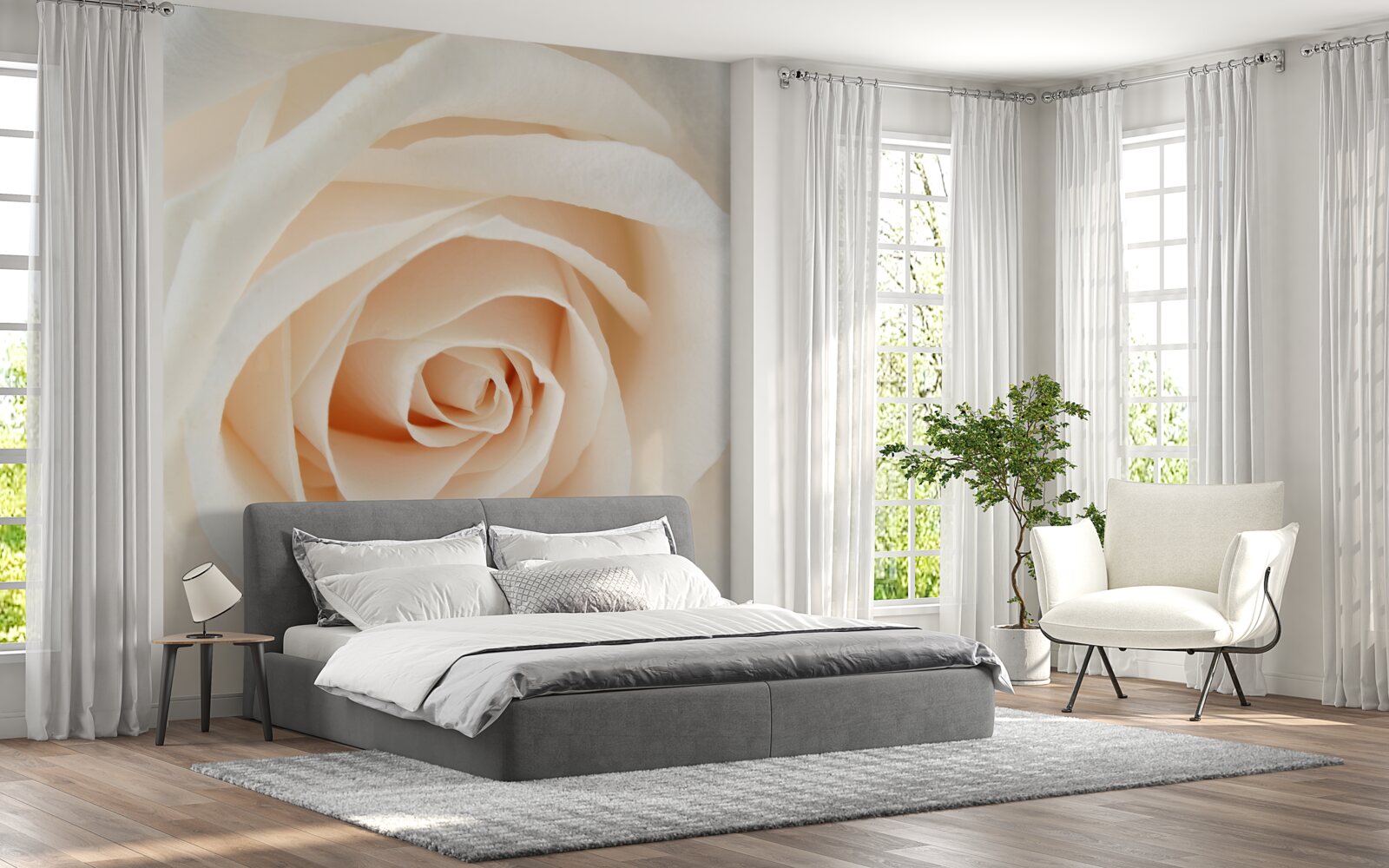 Fotobehang crèmekleurige roos met zachte bloemblaadjes in volle glorie