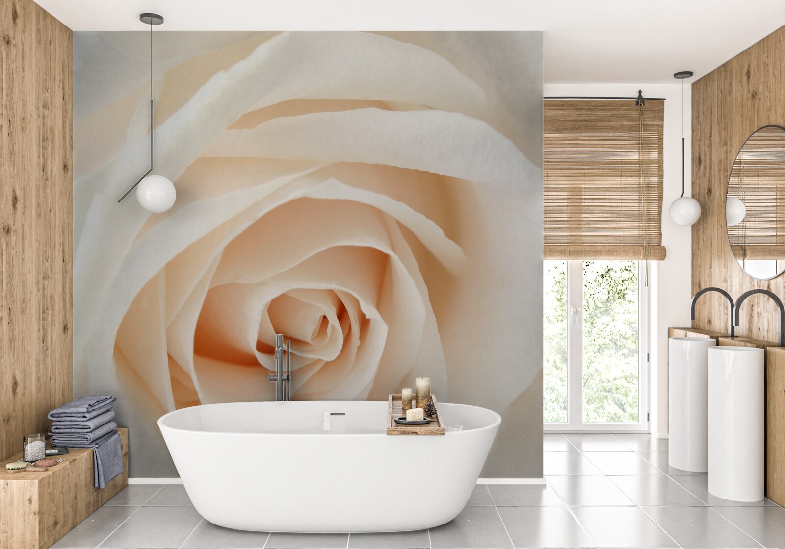 Fotobehang crèmekleurige roos met zachte bloemblaadjes in volle glorie