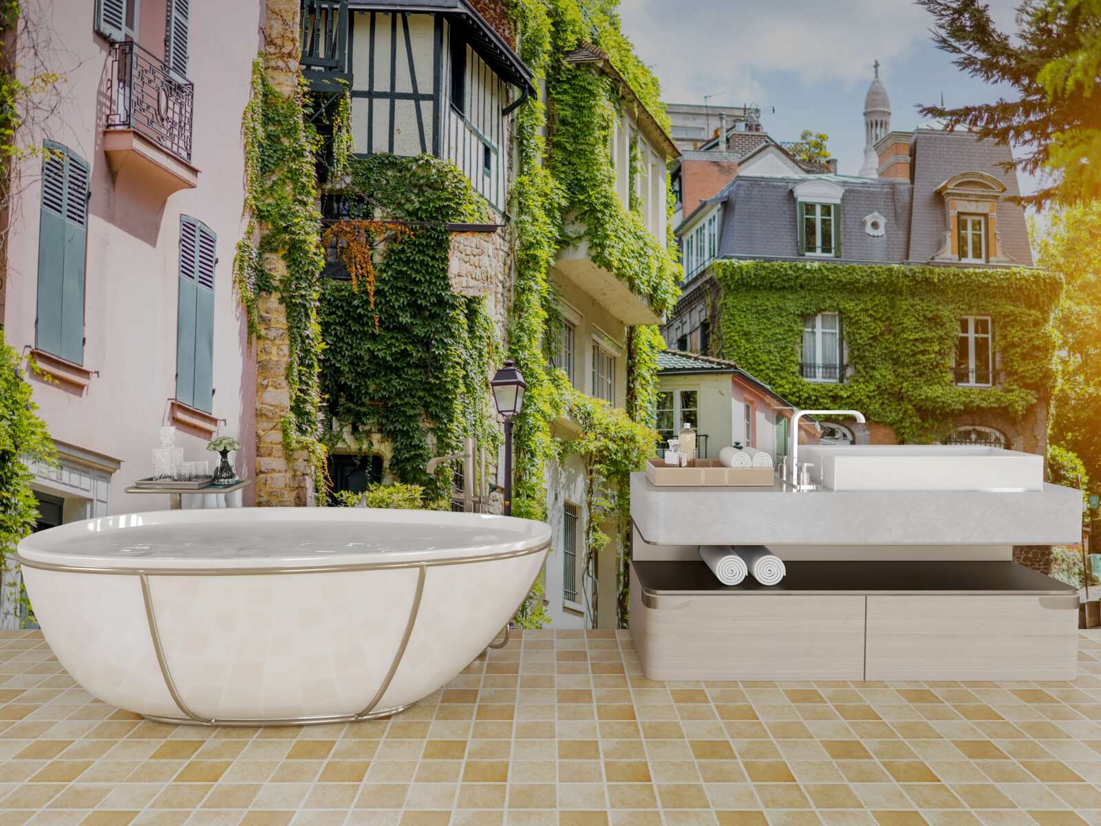 Fotobehang oude huizen bedekt met prachtige planten