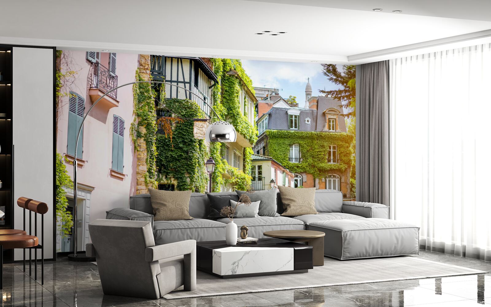 Fotobehang oude huizen bedekt met prachtige planten