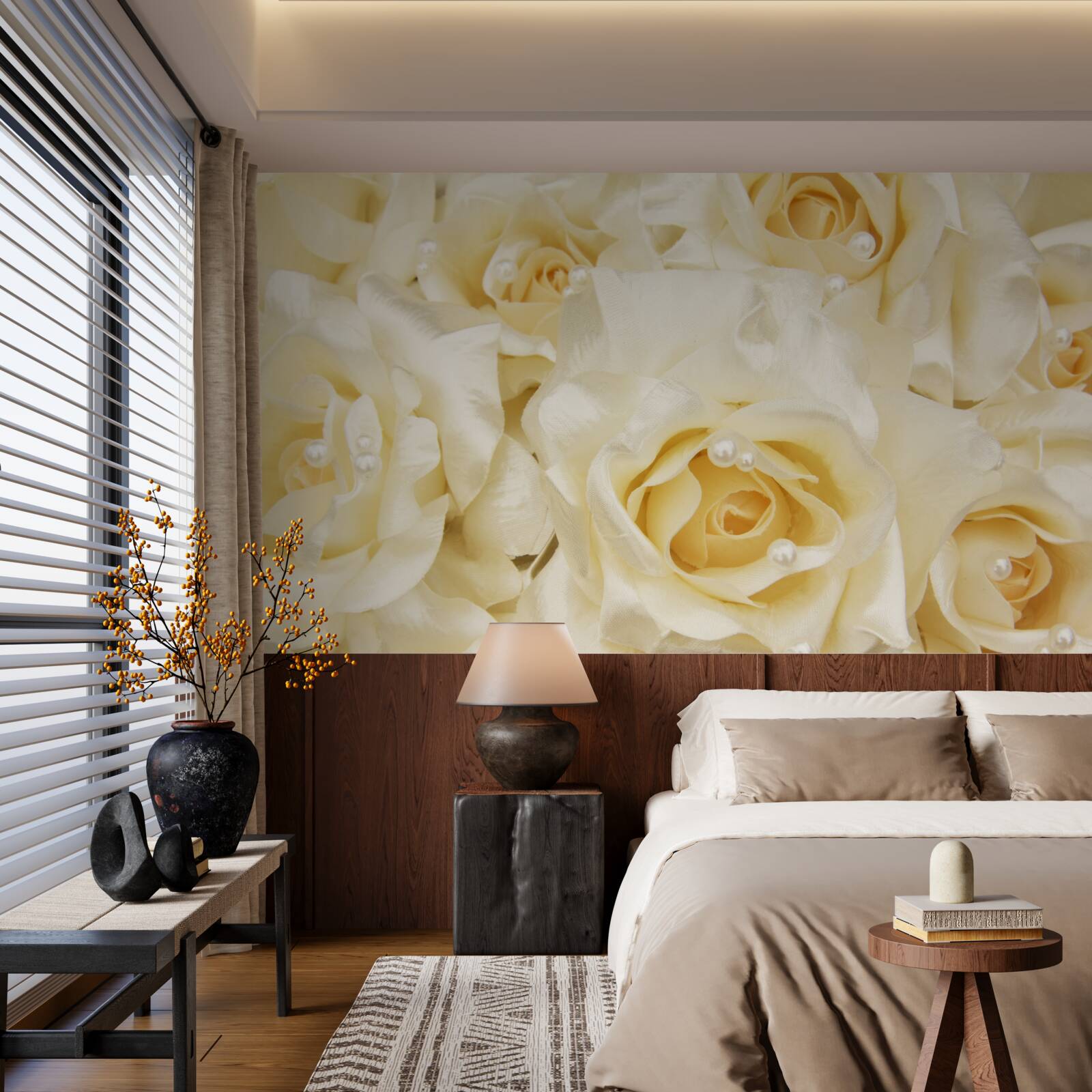 Fotobehang compositie van rozen met delicate witte bloemblaadjes en geel hart