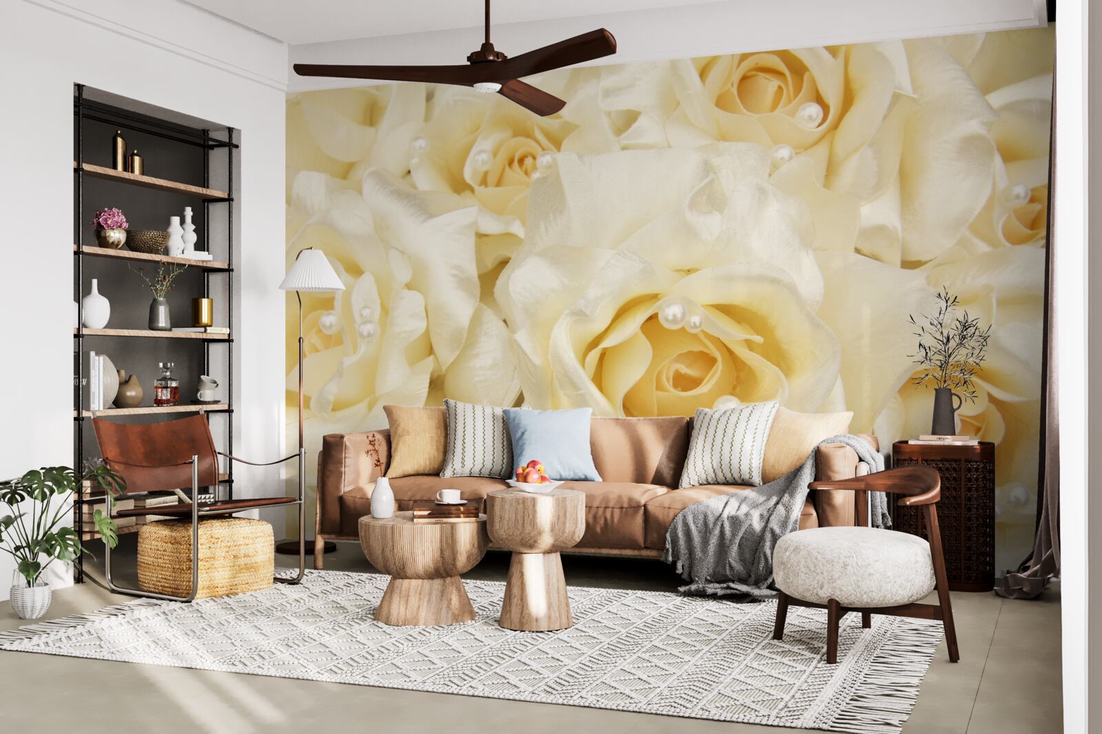 Fotobehang compositie van rozen met delicate witte bloemblaadjes en geel hart