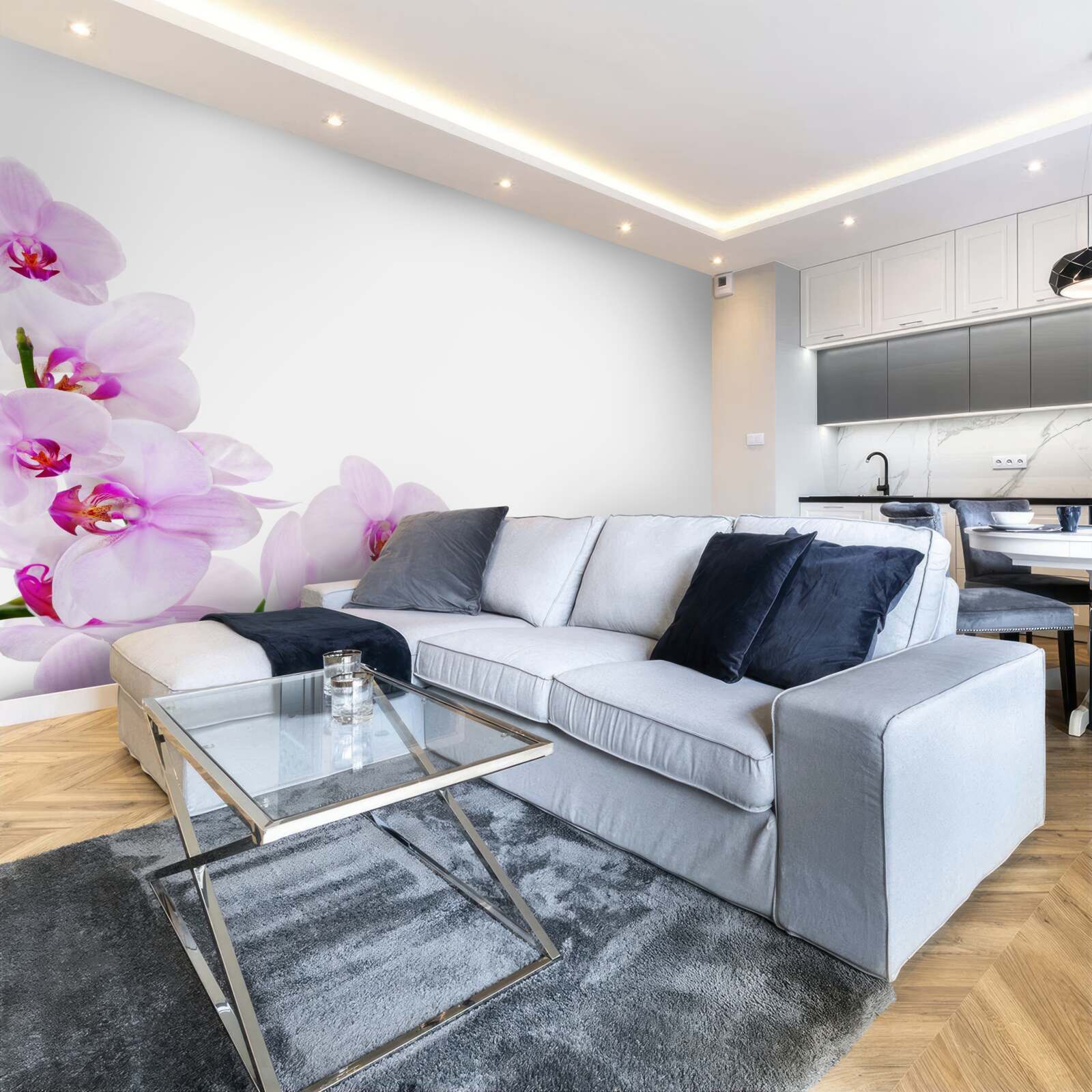 Fotobehang takken van een glanzende orchidee op een lichte achtergrond