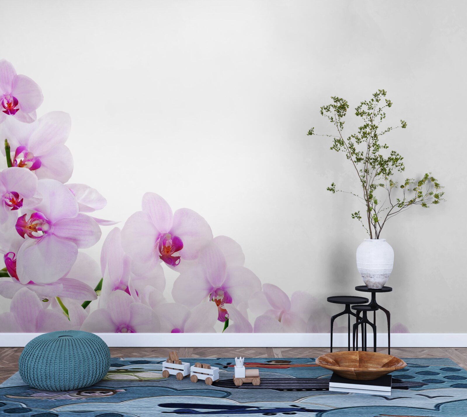 Fotobehang takken van een glanzende orchidee op een lichte achtergrond