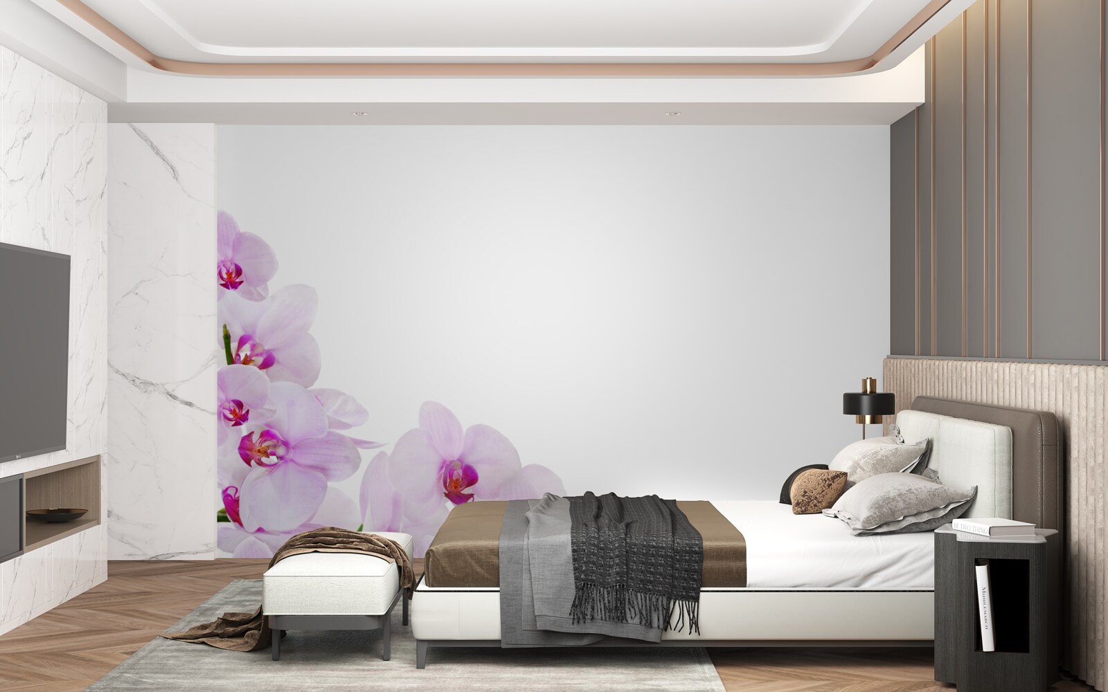 Fotobehang takken van een glanzende orchidee op een lichte achtergrond