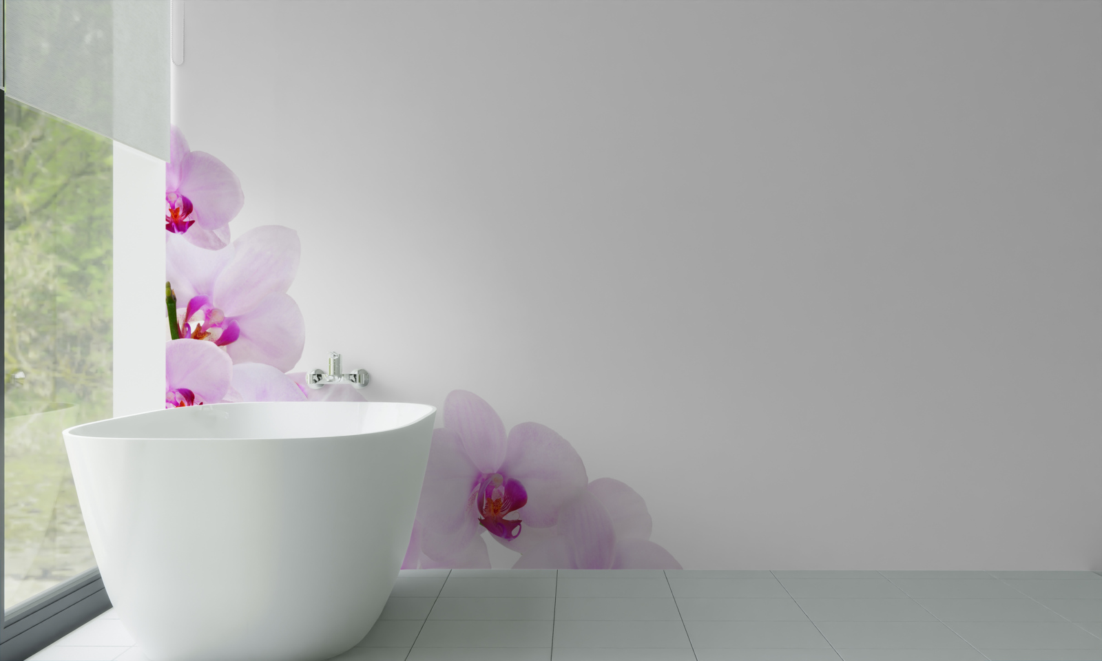 Fotobehang takken van een glanzende orchidee op een lichte achtergrond