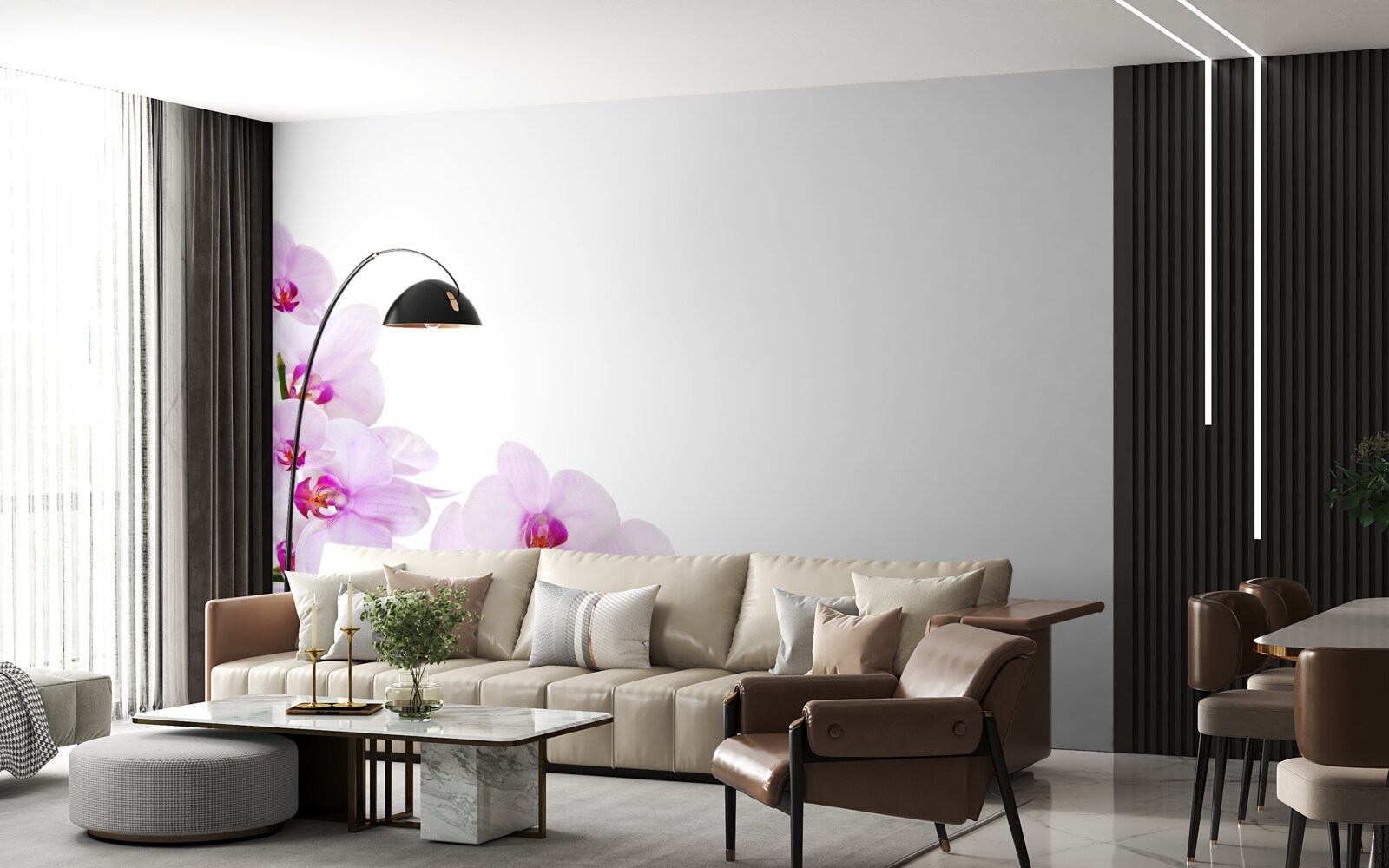 Fotobehang takken van een glanzende orchidee op een lichte achtergrond