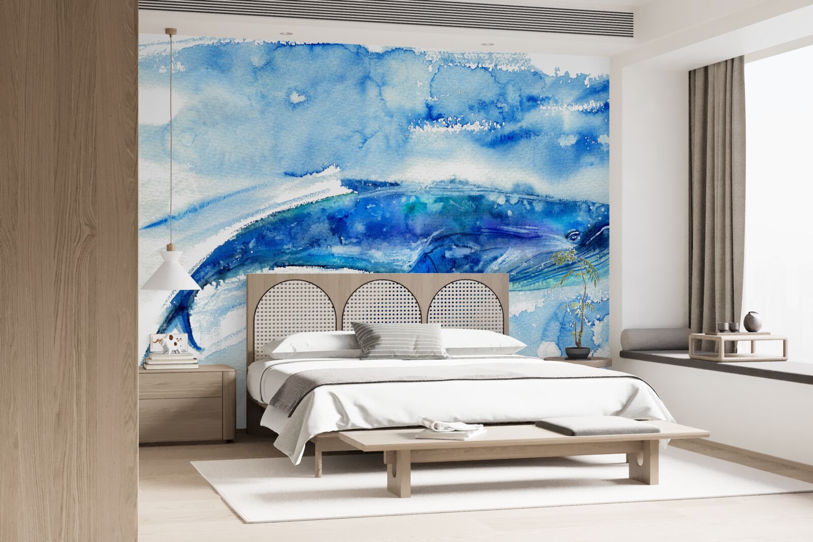 Fotobehang aquarel van een blauwe vinvis