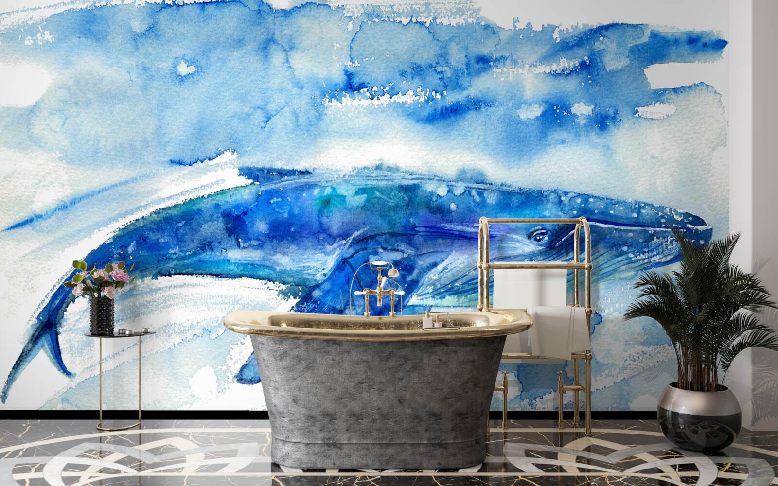 Fotobehang aquarel van een blauwe vinvis