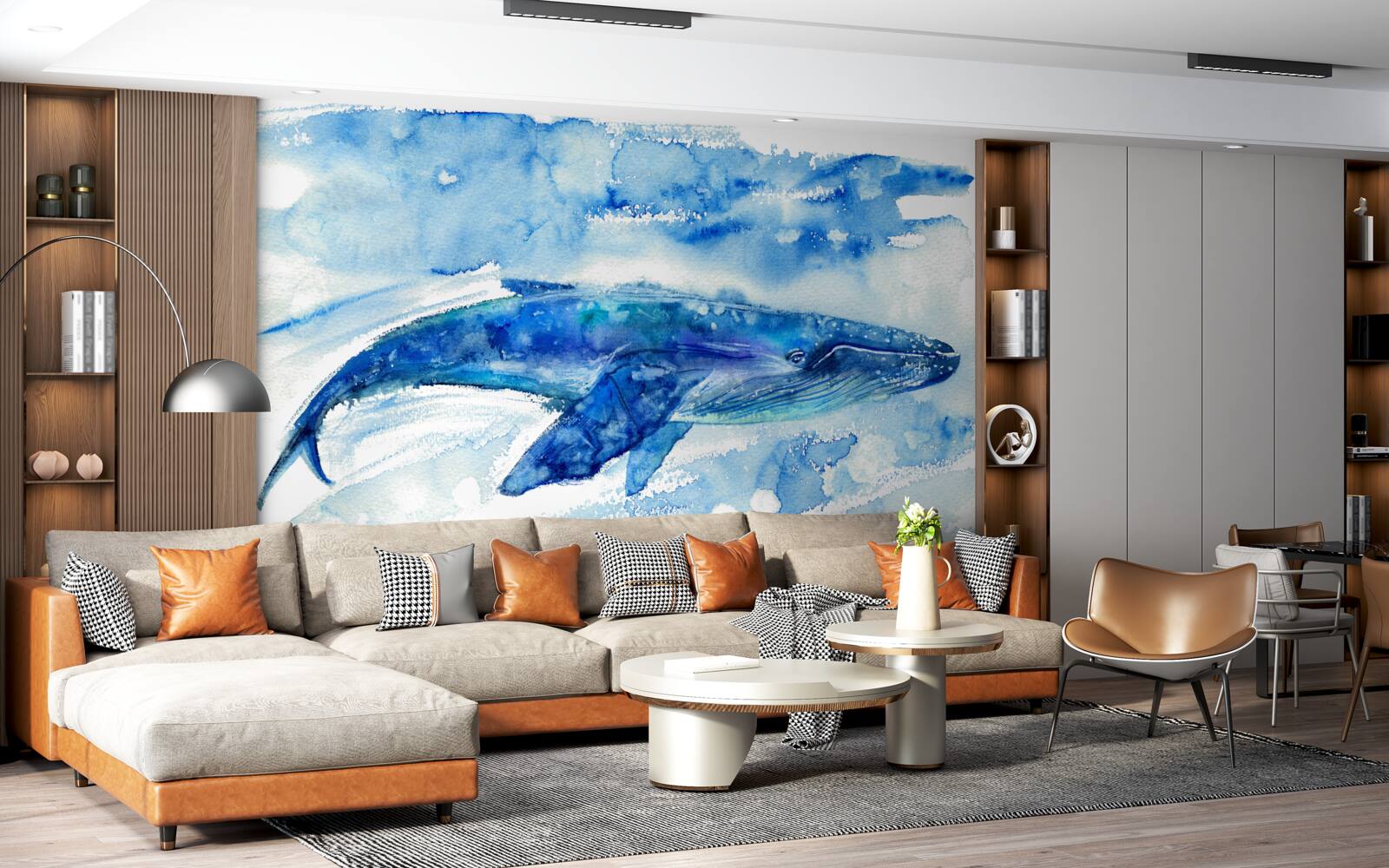 Fotobehang aquarel van een blauwe vinvis