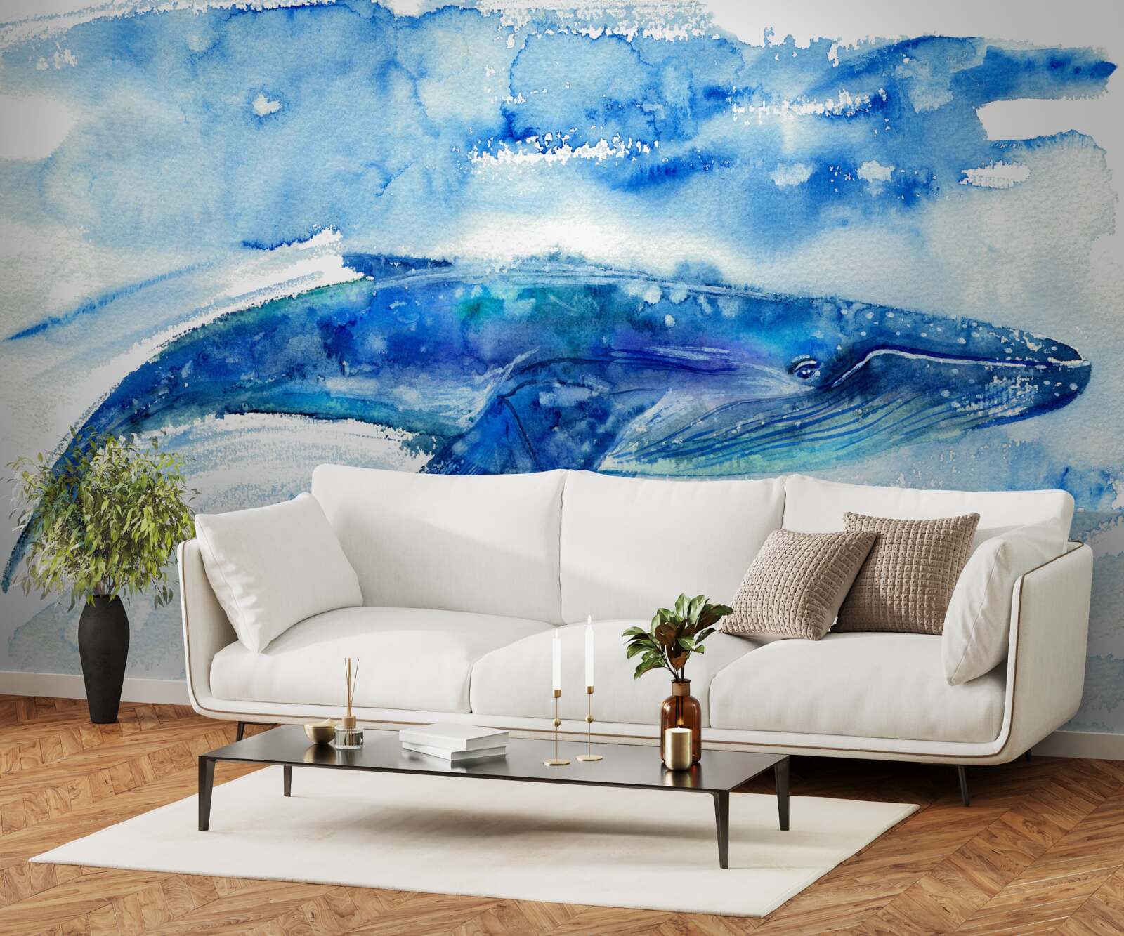 Fotobehang aquarel van een blauwe vinvis