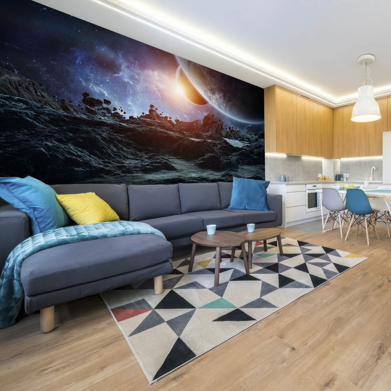 Fotobehang een toekomstige wereld met ruimteplaneten