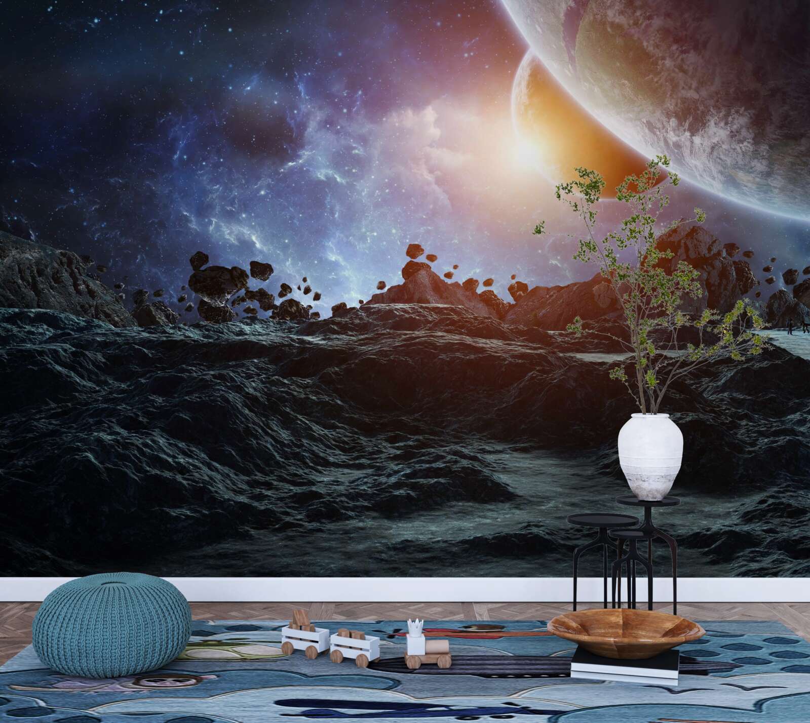 Fotobehang een toekomstige wereld met ruimteplaneten