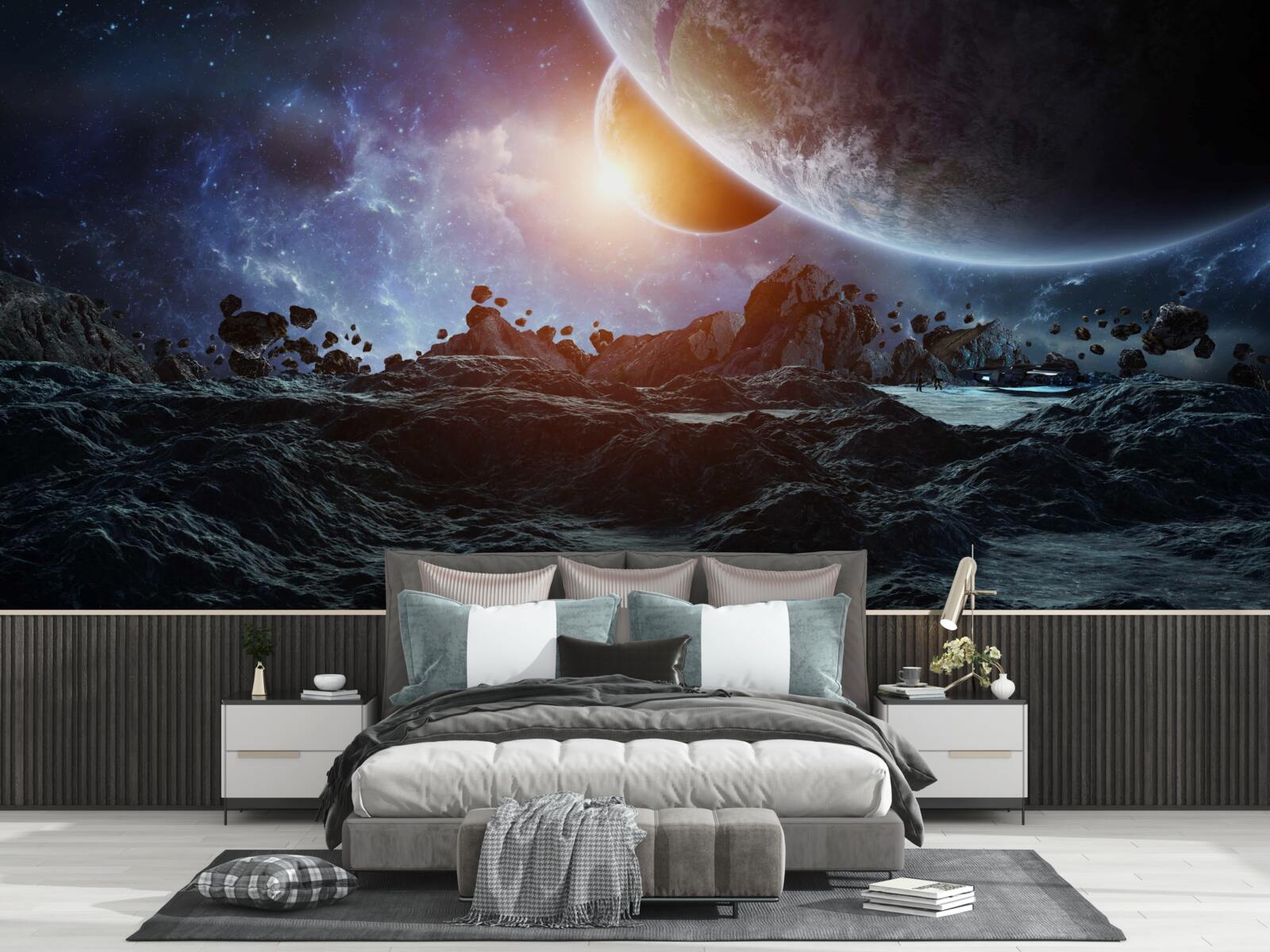 Fotobehang een toekomstige wereld met ruimteplaneten