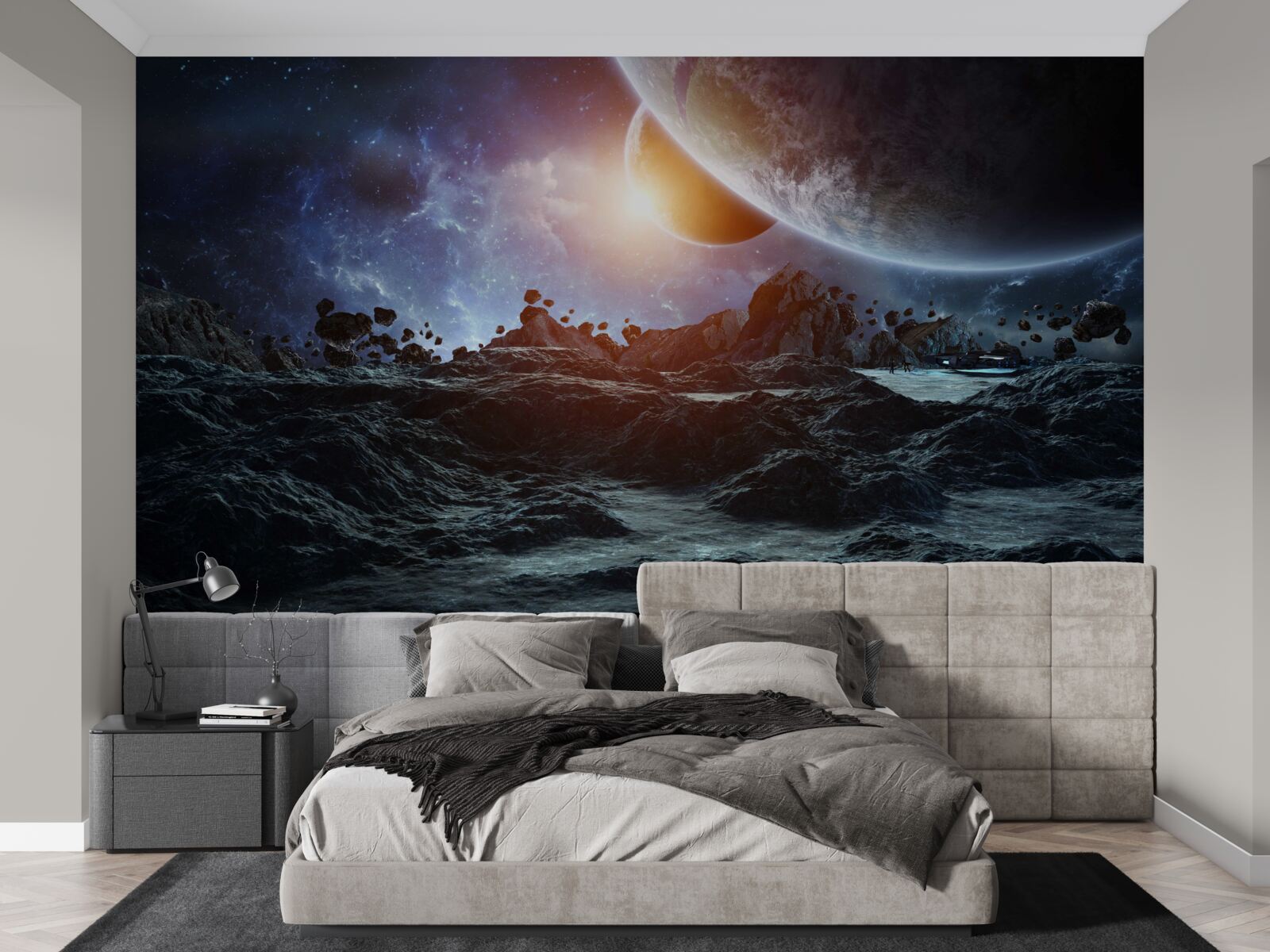 Fotobehang een toekomstige wereld met ruimteplaneten