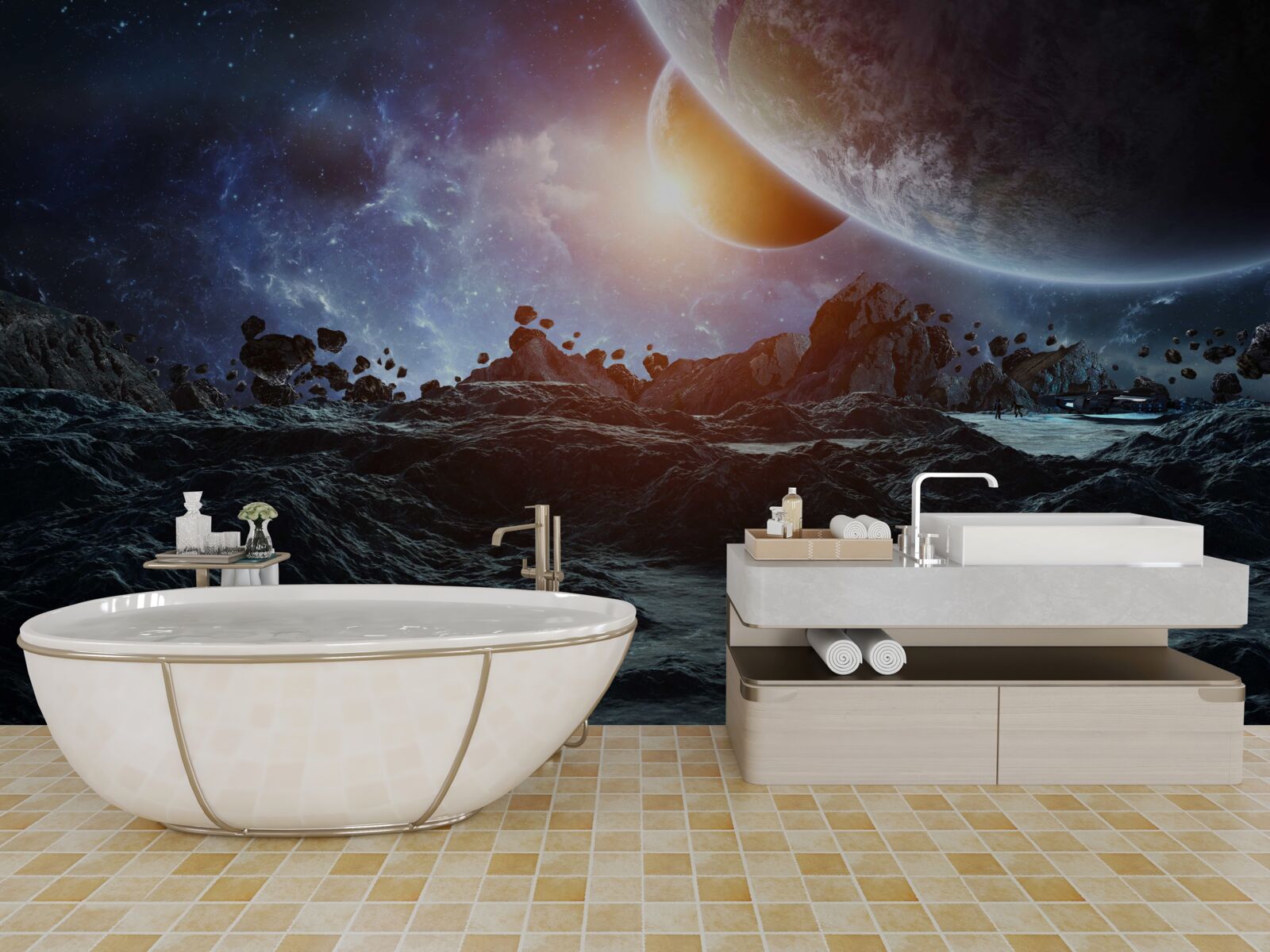 Fotobehang een toekomstige wereld met ruimteplaneten