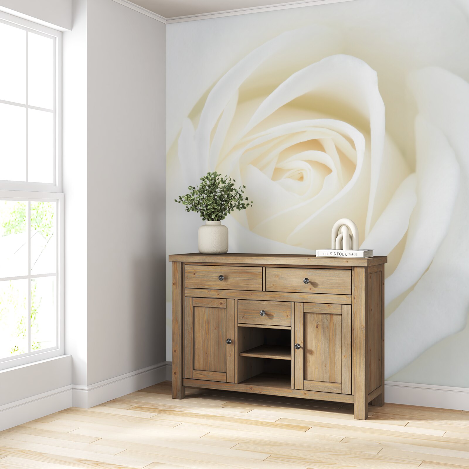 Fotobehang close-up van een sneeuwwitte rozenknop