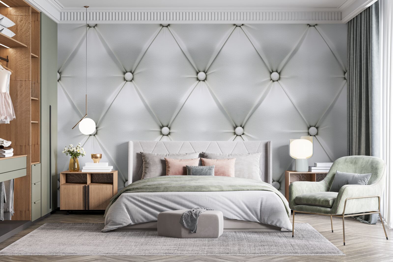 Fotobehang textuur van stof met parelmoeren inzetstukken