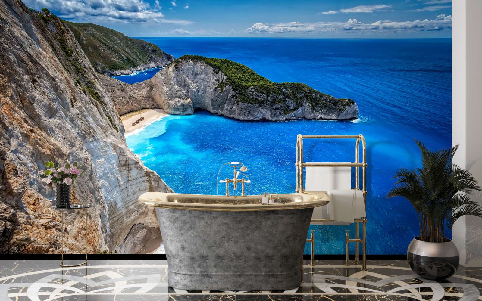 Fotobehang hagelwitte stranden en turquoise wateren aan de voet van de bergen