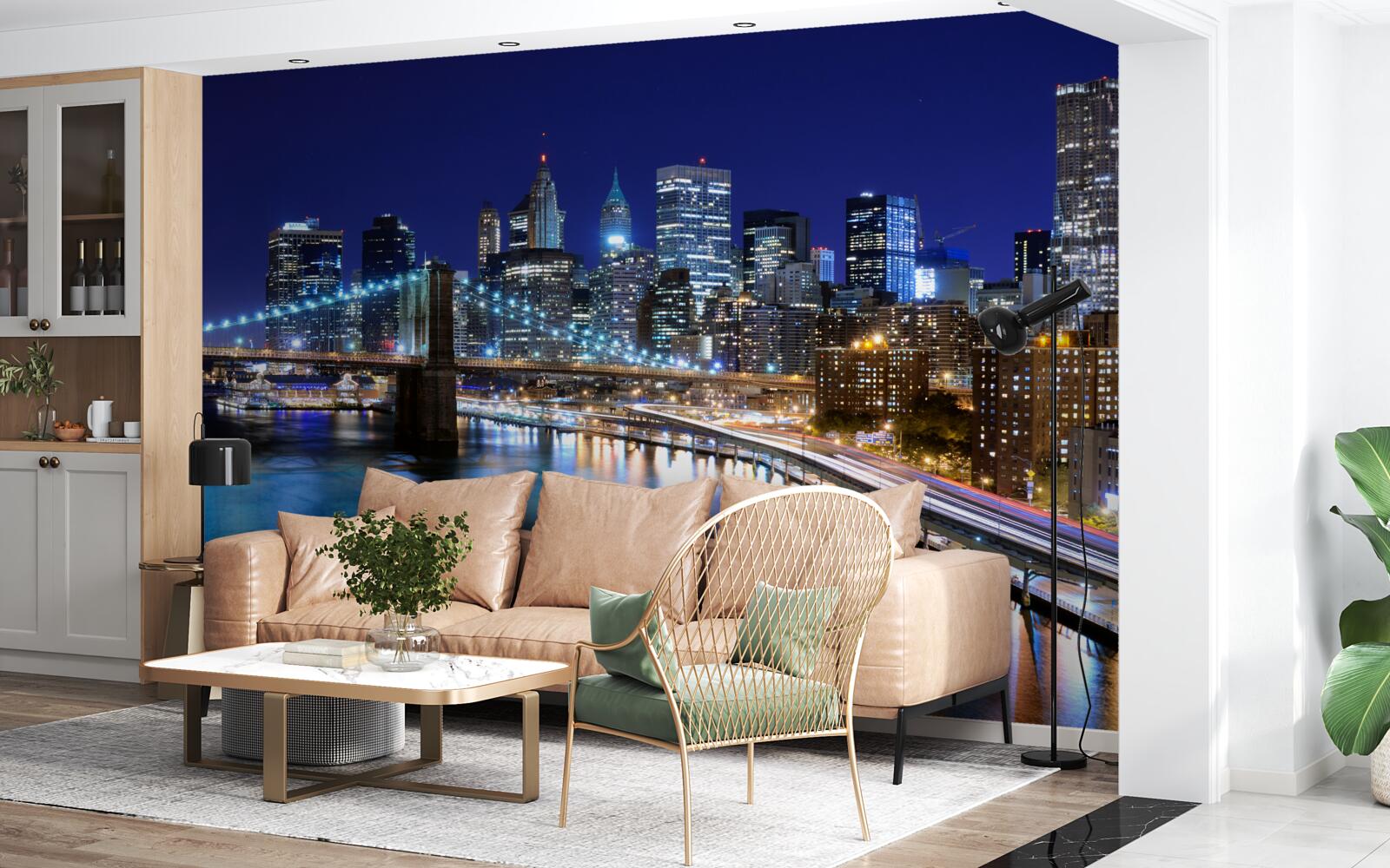 Fotobehang verlichte waterkant van Manhattan bij nacht