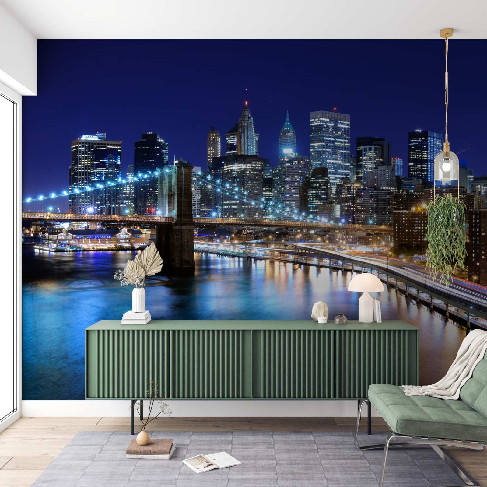 Fotobehang verlichte waterkant van Manhattan bij nacht