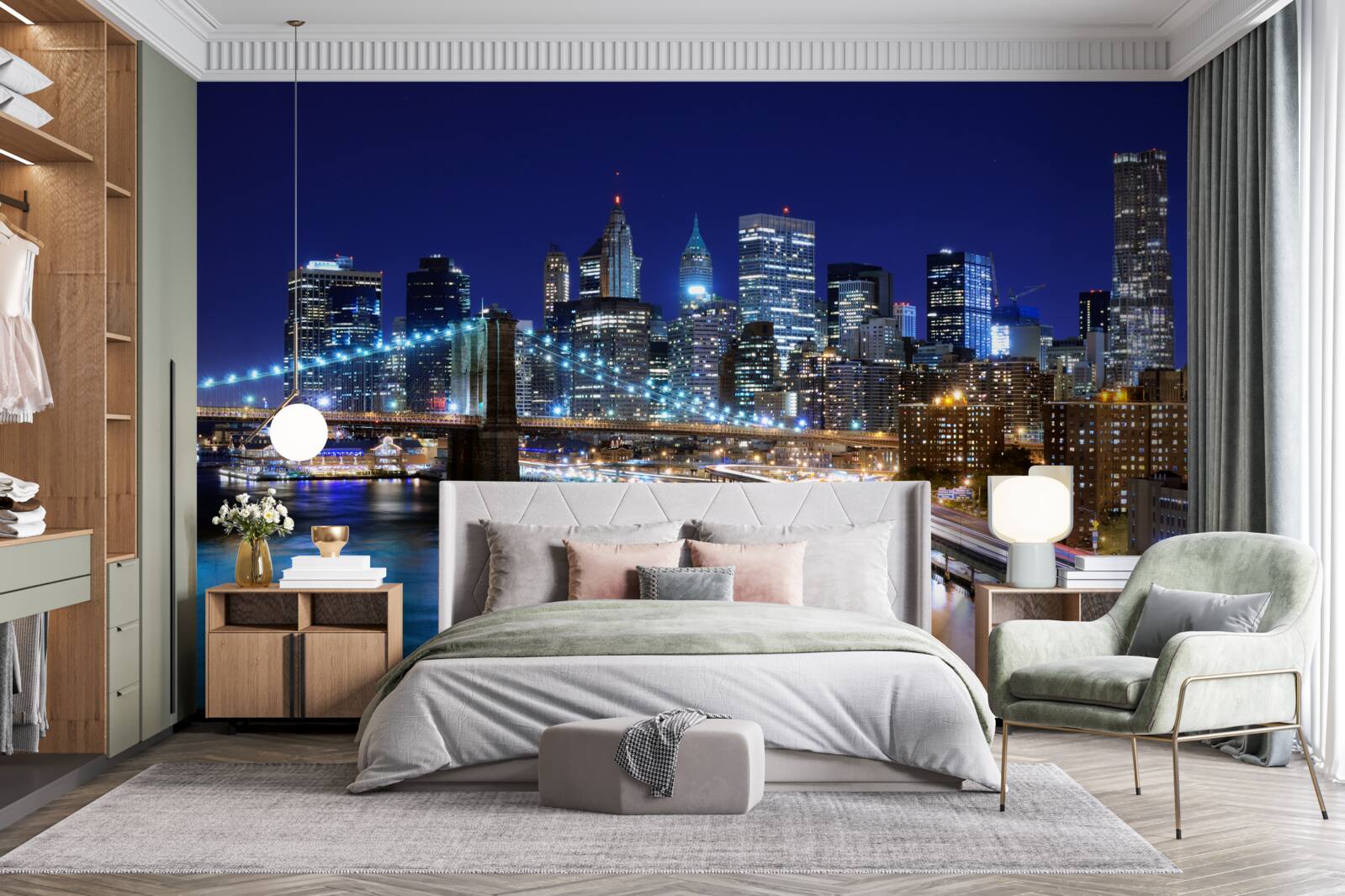 Fotobehang verlichte waterkant van Manhattan bij nacht