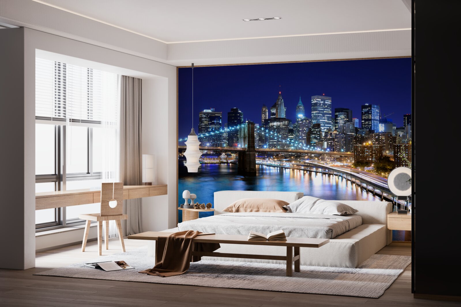 Fotobehang verlichte waterkant van Manhattan bij nacht