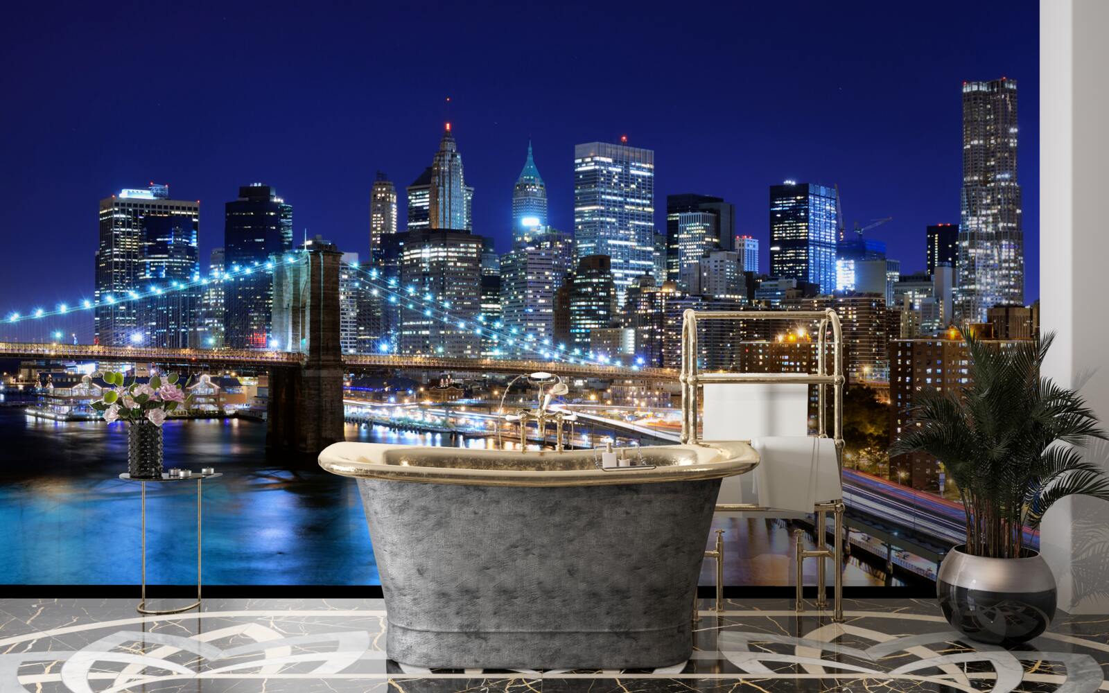 Fotobehang verlichte waterkant van Manhattan bij nacht