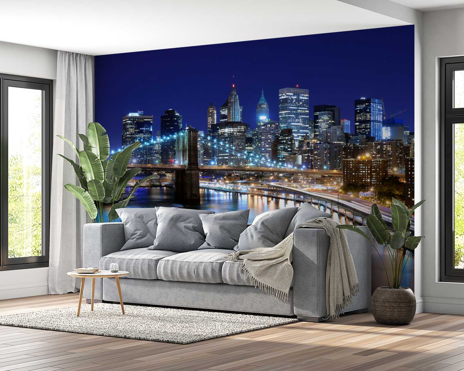 Fotobehang verlichte waterkant van Manhattan bij nacht