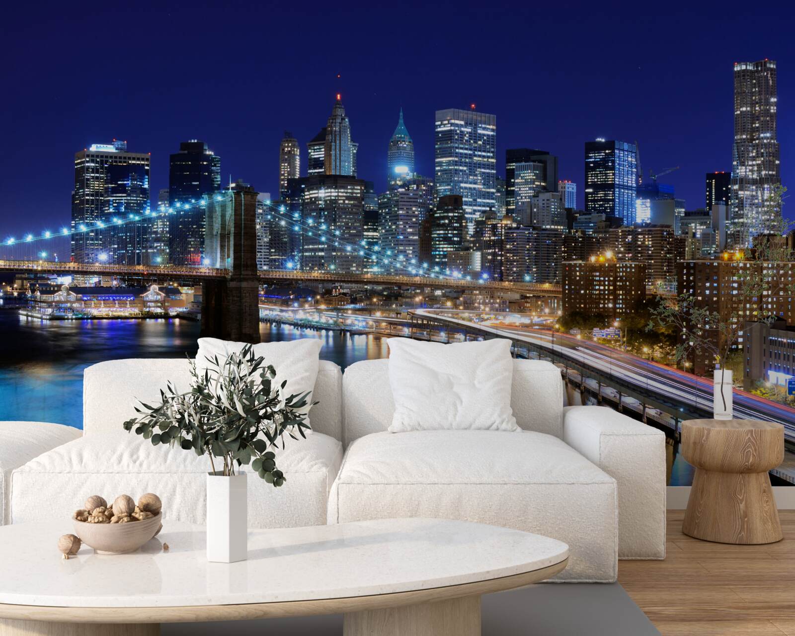 Fotobehang verlichte waterkant van Manhattan bij nacht