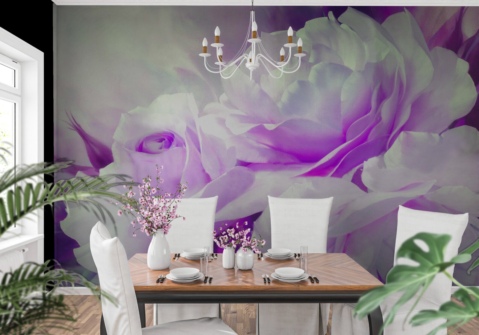 Fotobehang de bloemen zijn wit met een vleugje lila en flitsen