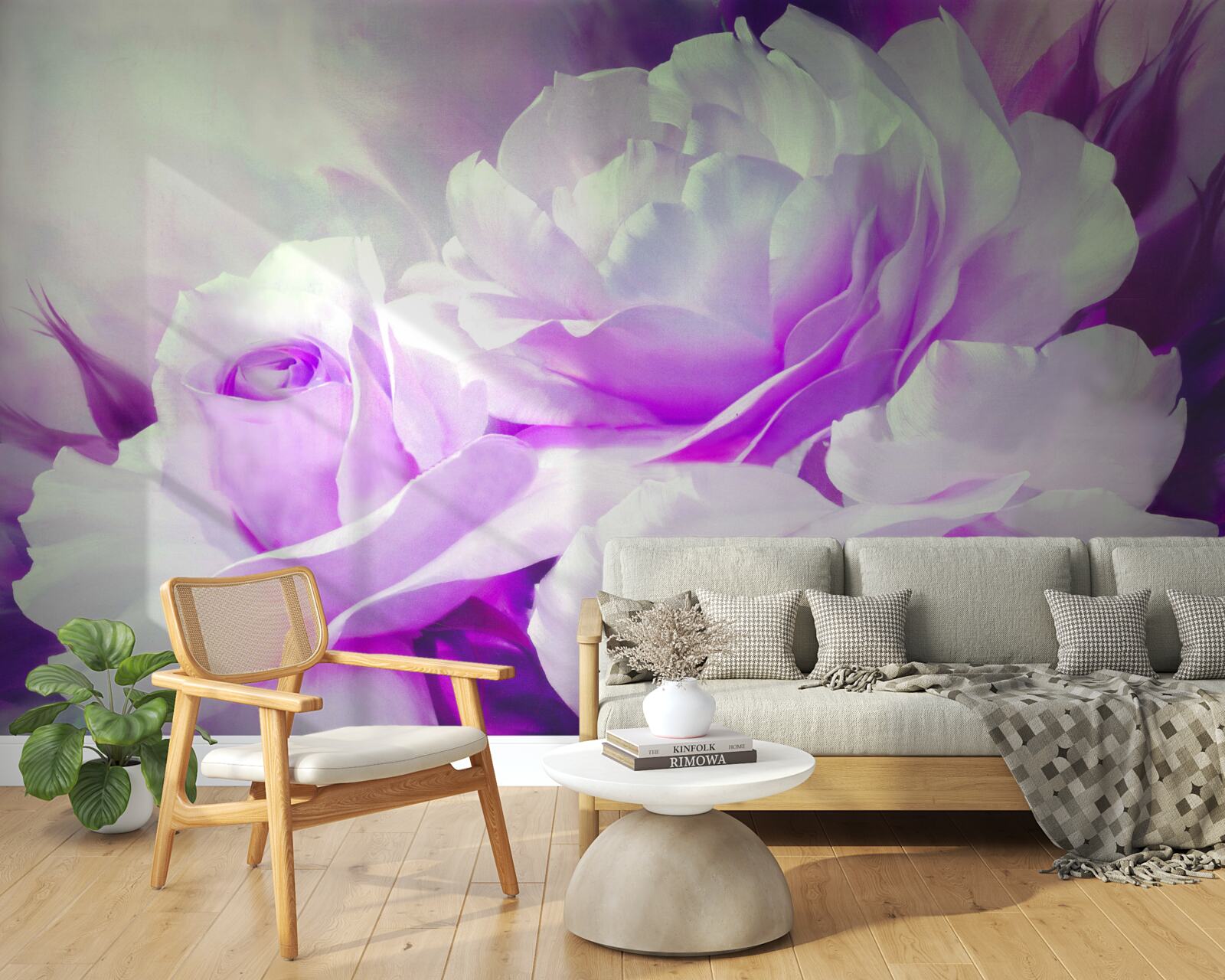 Fotobehang de bloemen zijn wit met een vleugje lila en flitsen