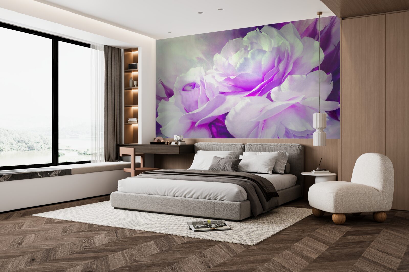 Fotobehang de bloemen zijn wit met een vleugje lila en flitsen