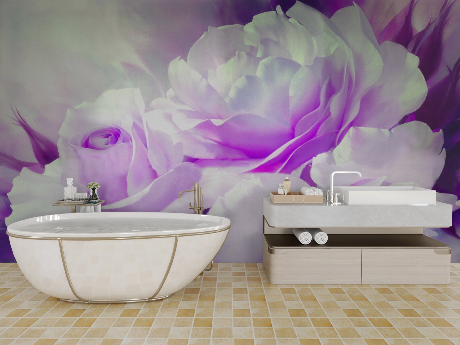 Fotobehang de bloemen zijn wit met een vleugje lila en flitsen