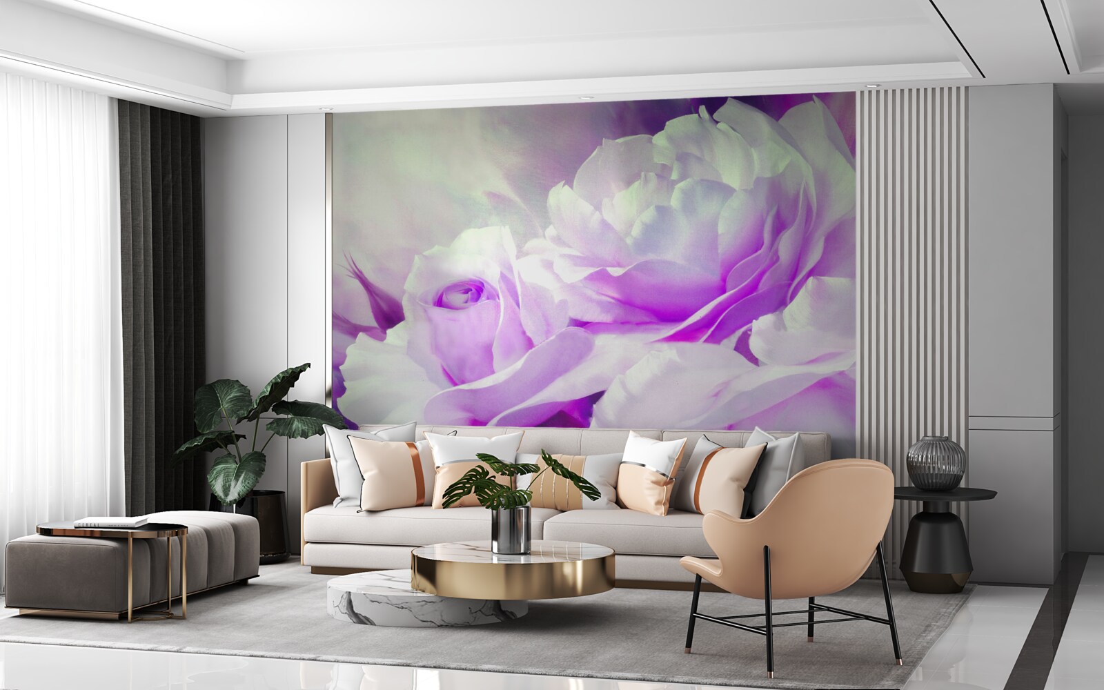 Fotobehang de bloemen zijn wit met een vleugje lila en flitsen