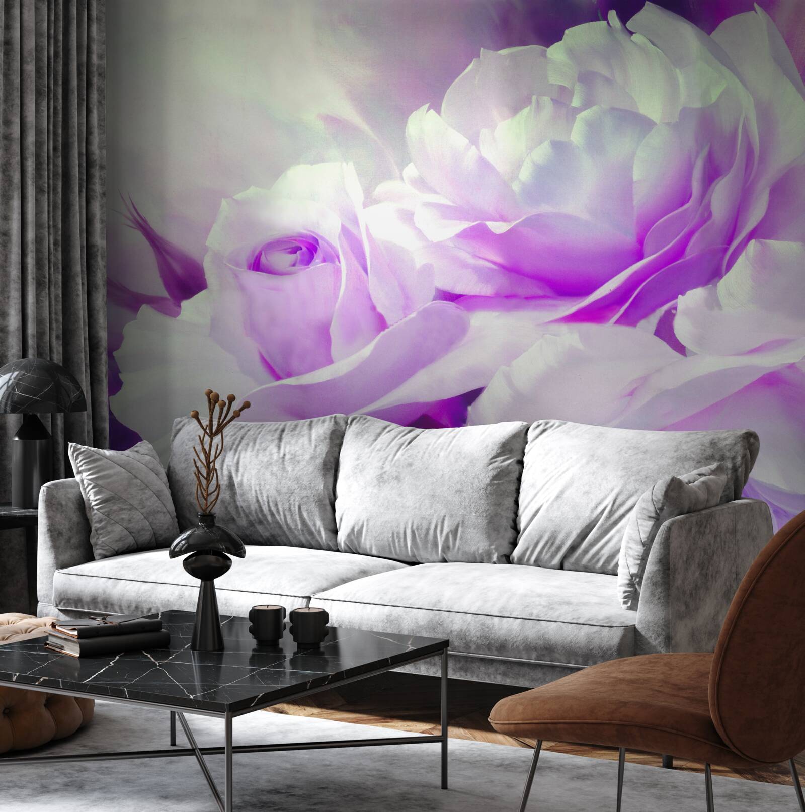 Fotobehang de bloemen zijn wit met een vleugje lila en flitsen