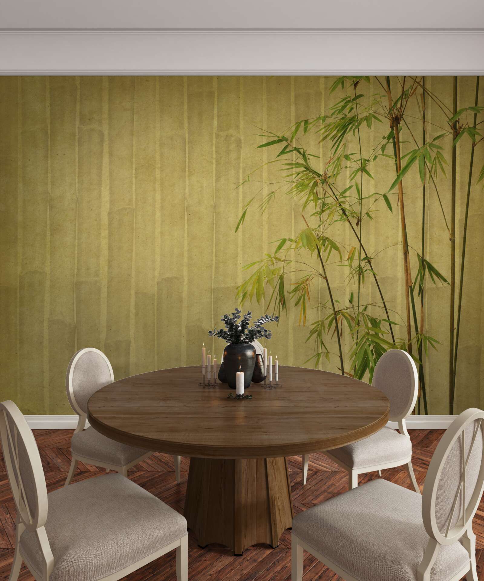 Fotobehang de apicale takken van tropische planten staan op een verticale plank