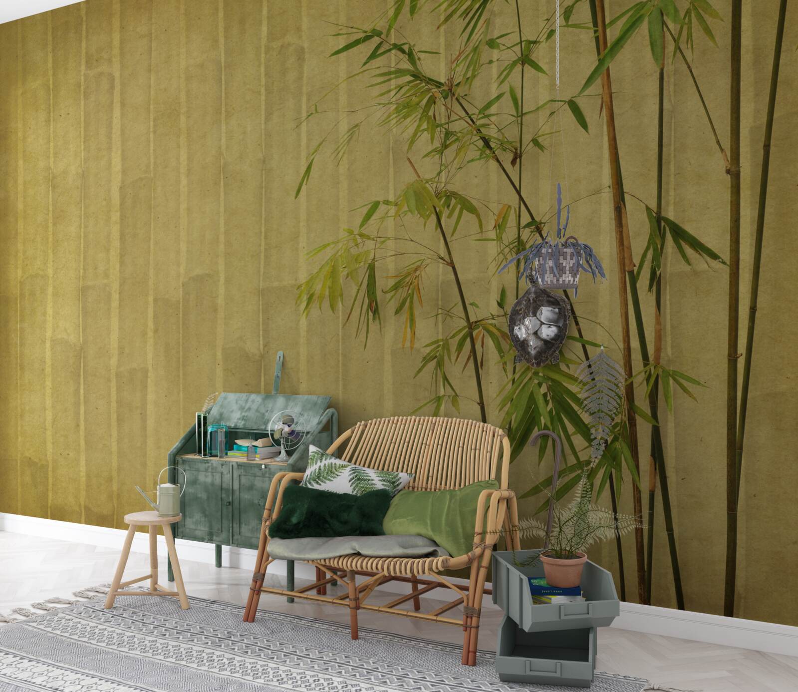 Fotobehang de apicale takken van tropische planten staan op een verticale plank