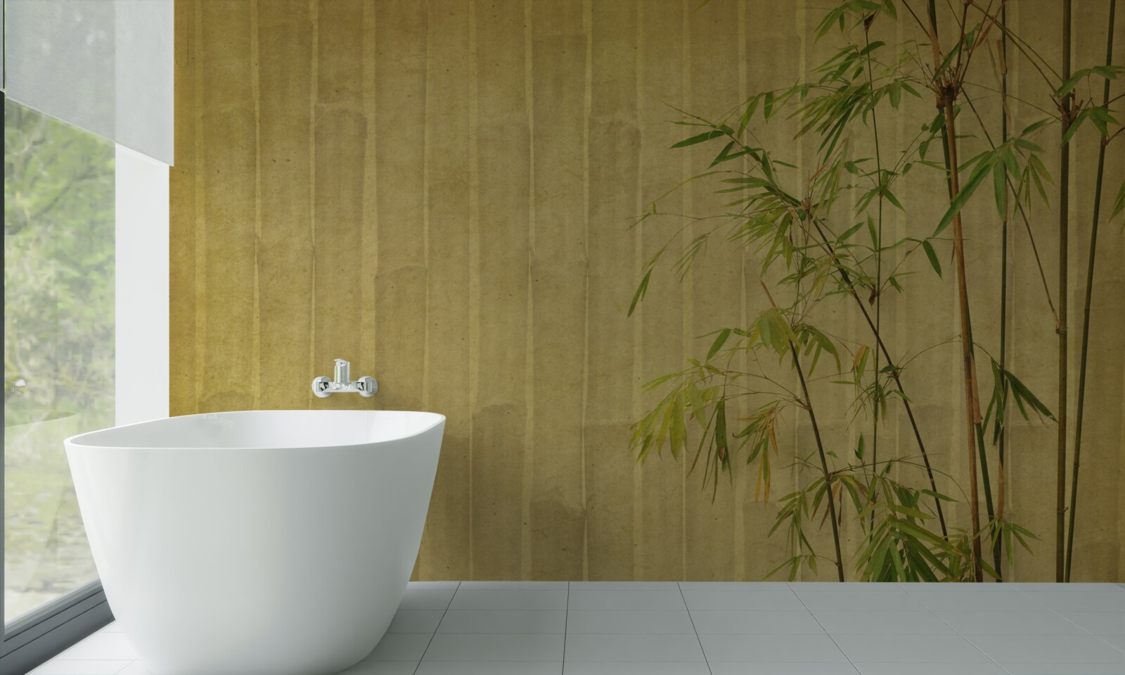 Fotobehang de apicale takken van tropische planten staan op een verticale plank