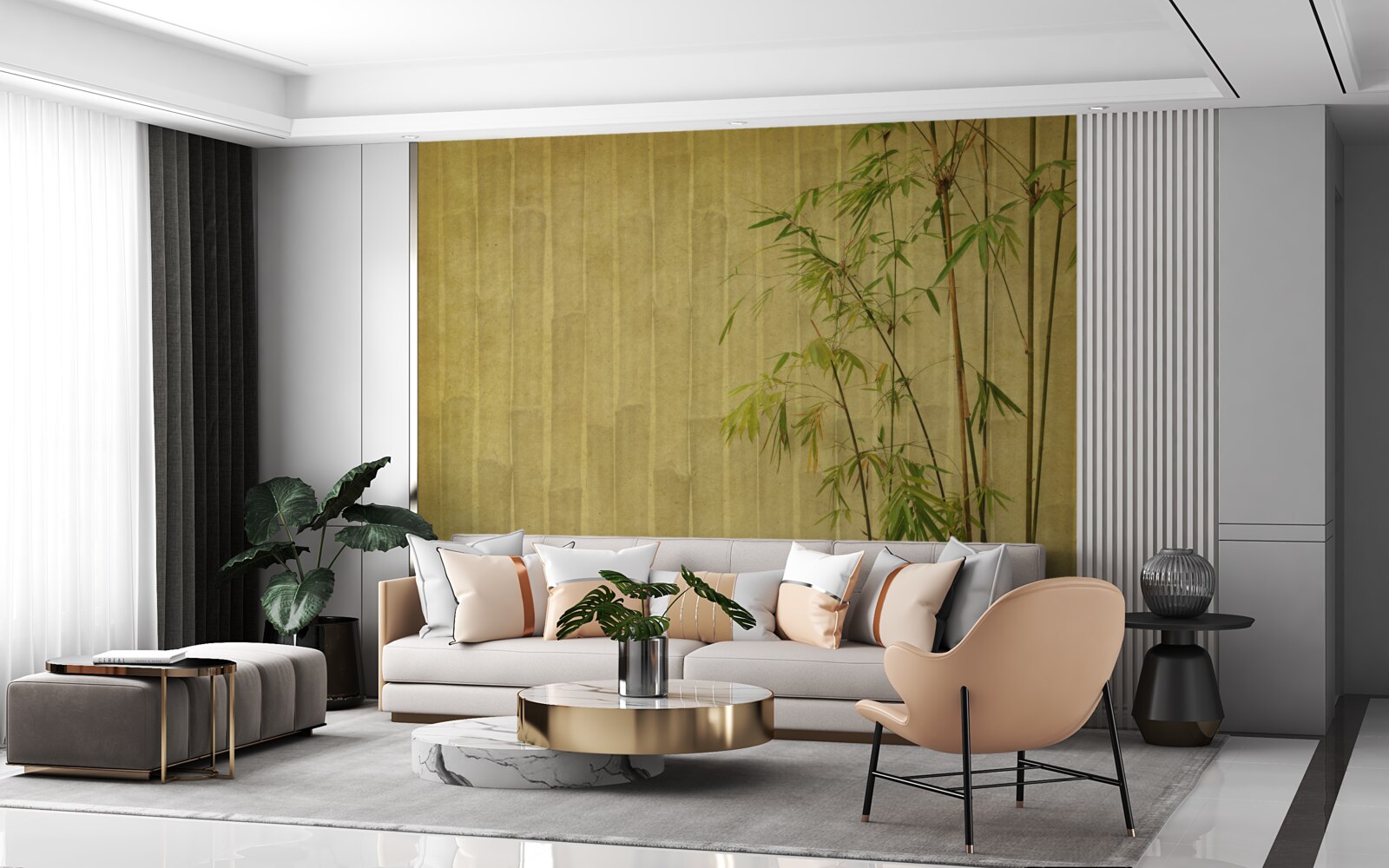 Fotobehang de apicale takken van tropische planten staan op een verticale plank