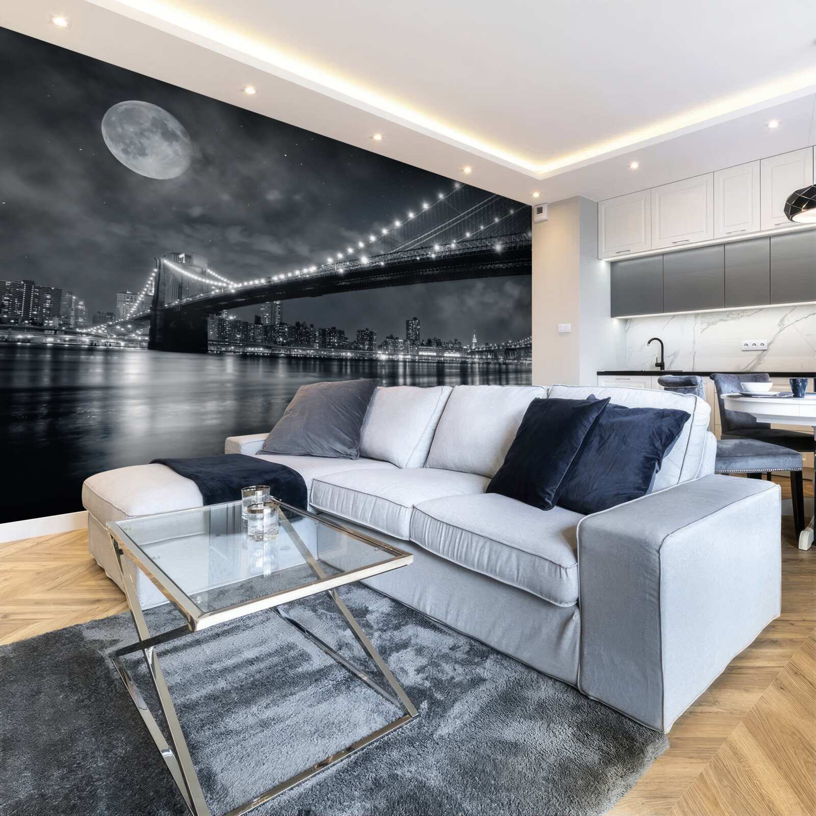 Fotobehang nacht en de verlichte Manhattan Bridge