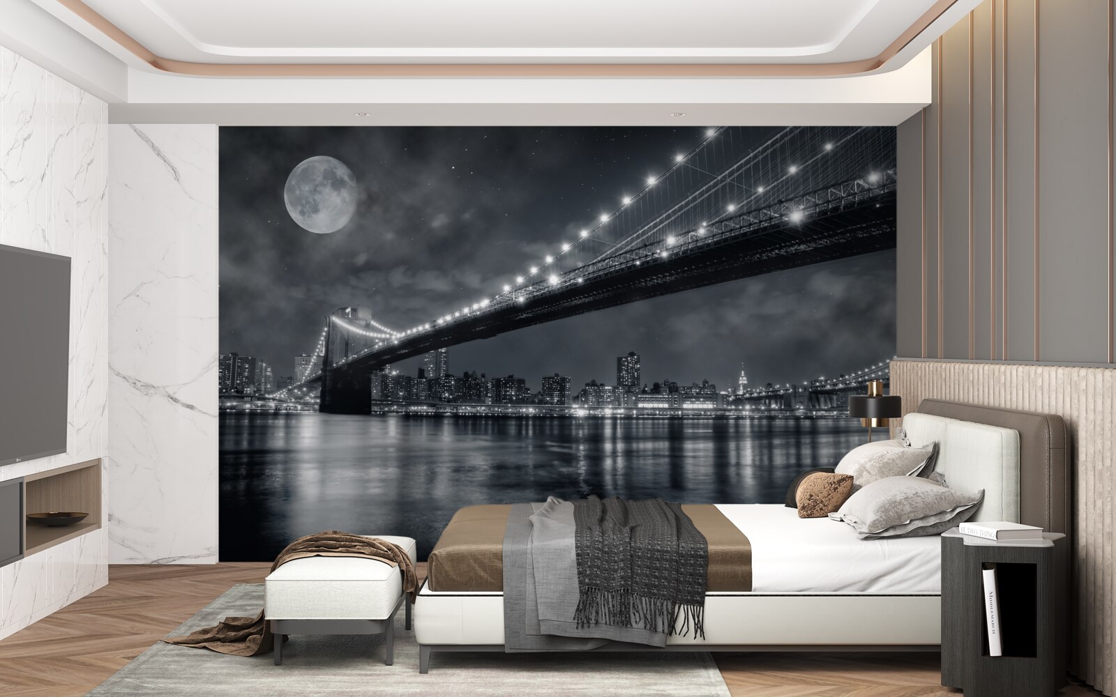 Fotobehang nacht en de verlichte Manhattan Bridge