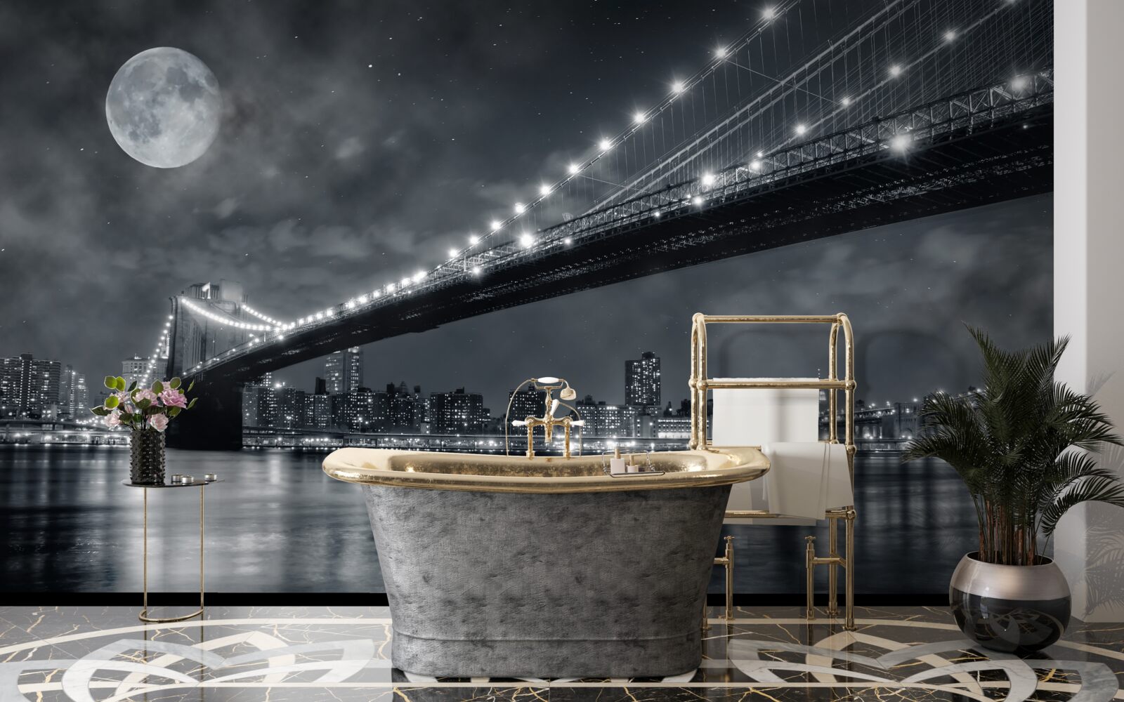 Fotobehang nacht en de verlichte Manhattan Bridge