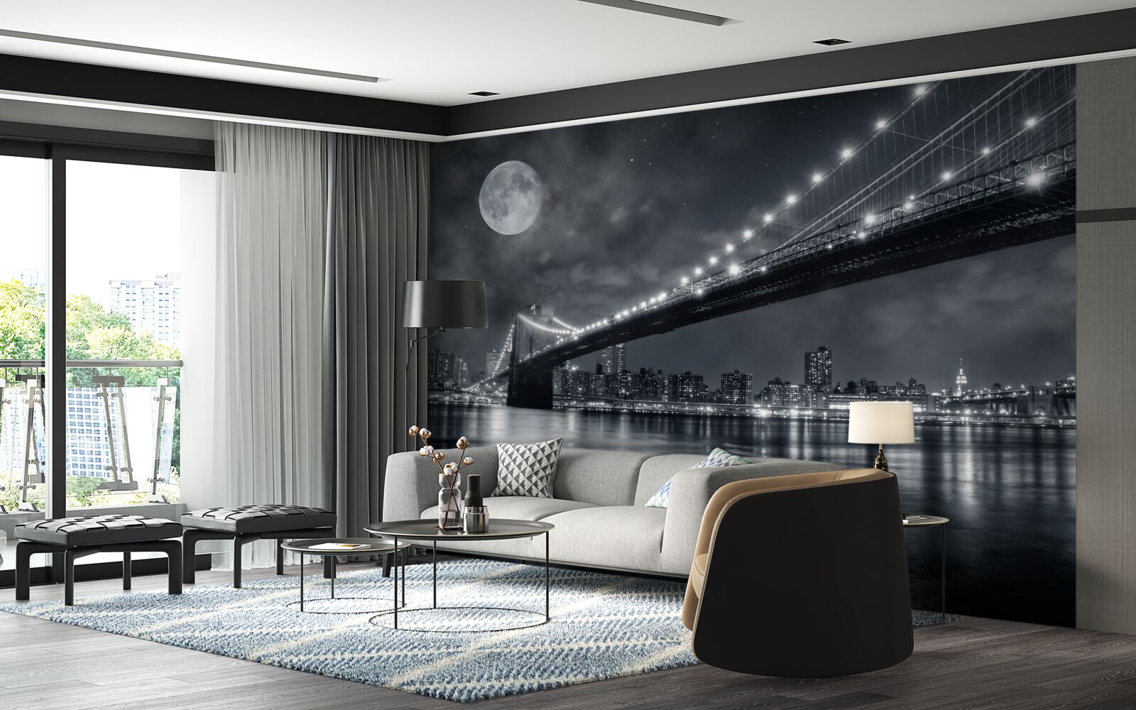 Fotobehang nacht en de verlichte Manhattan Bridge