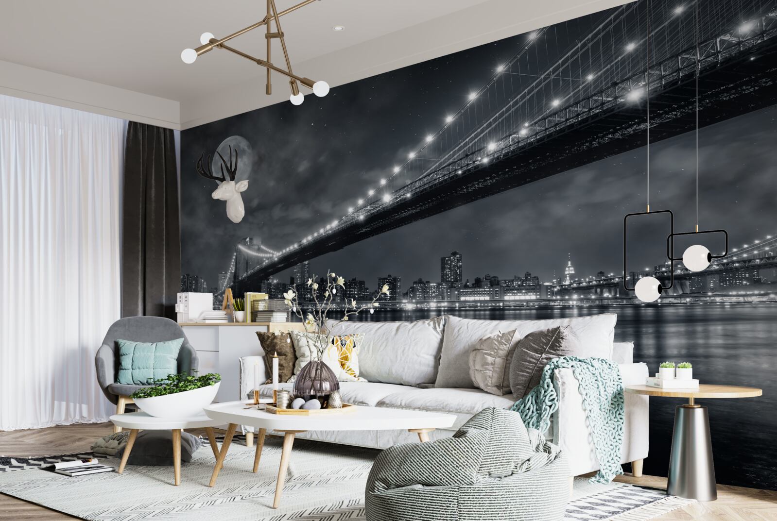 Fotobehang nacht en de verlichte Manhattan Bridge