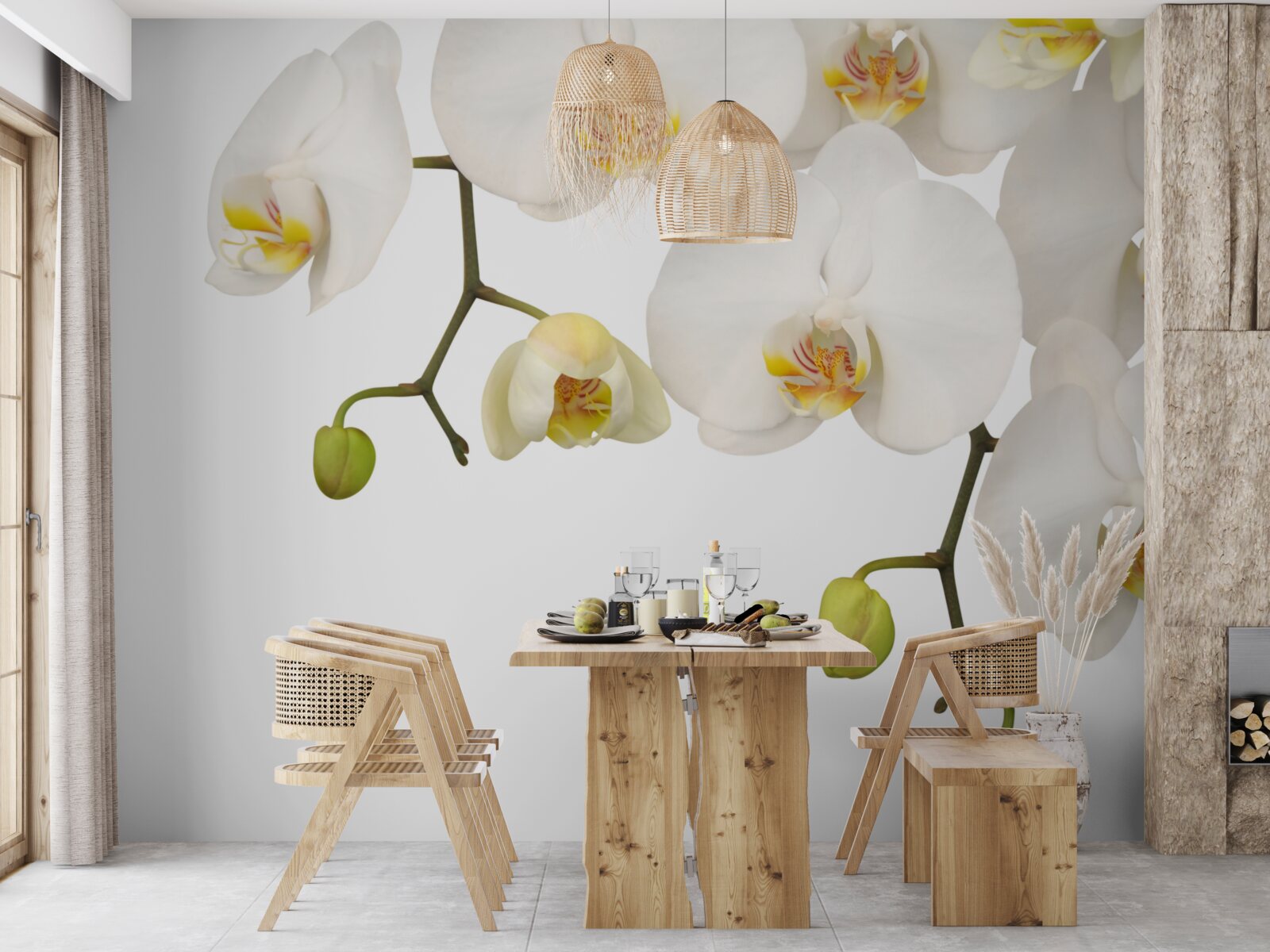 Fotobehang hangende orchideeën met witte bloemen